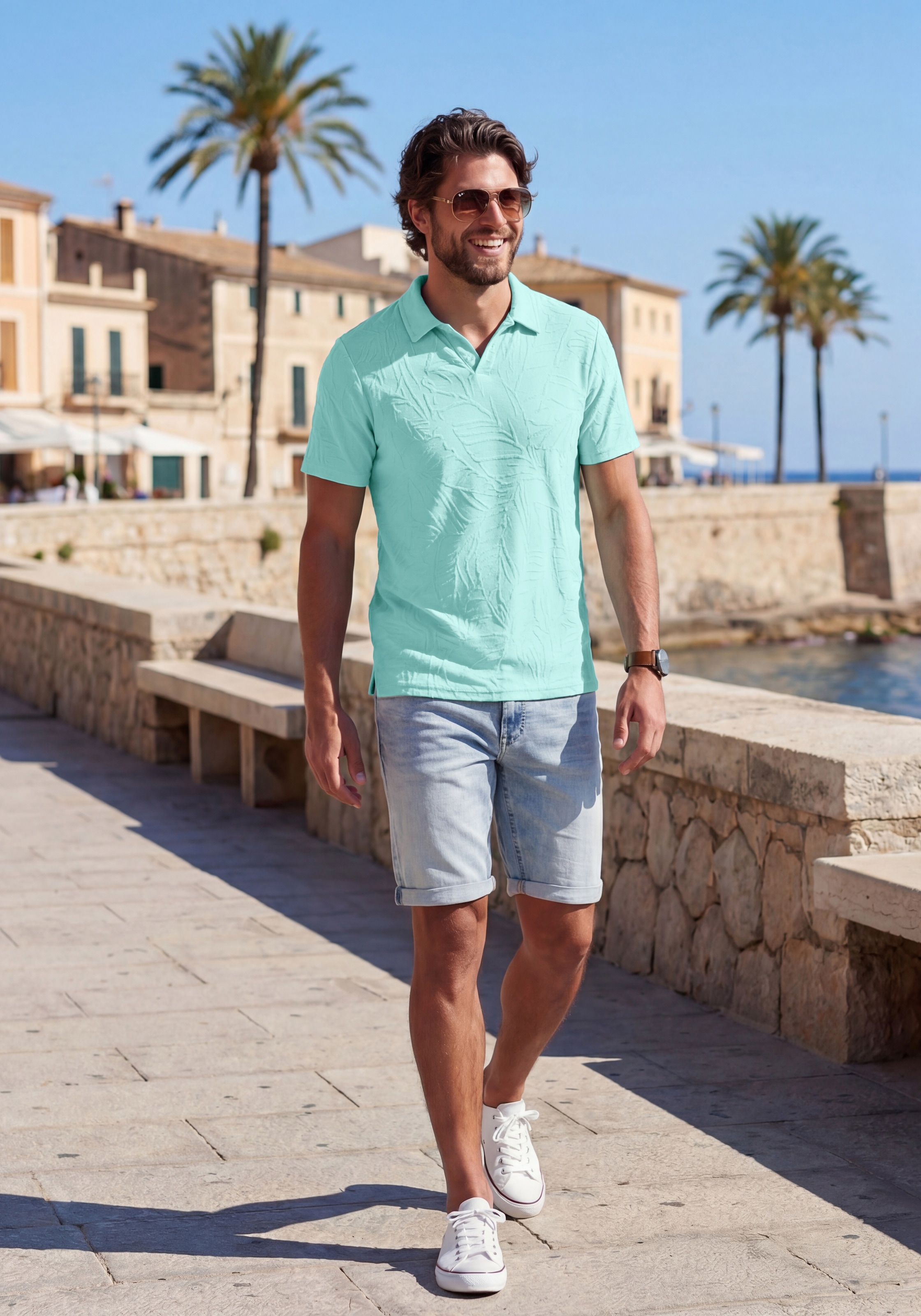 Beachtime Poloshirt », sommerliches T-Shirt mit modischen Blätter-Design« neue Strukturqualität im Blätter-Design