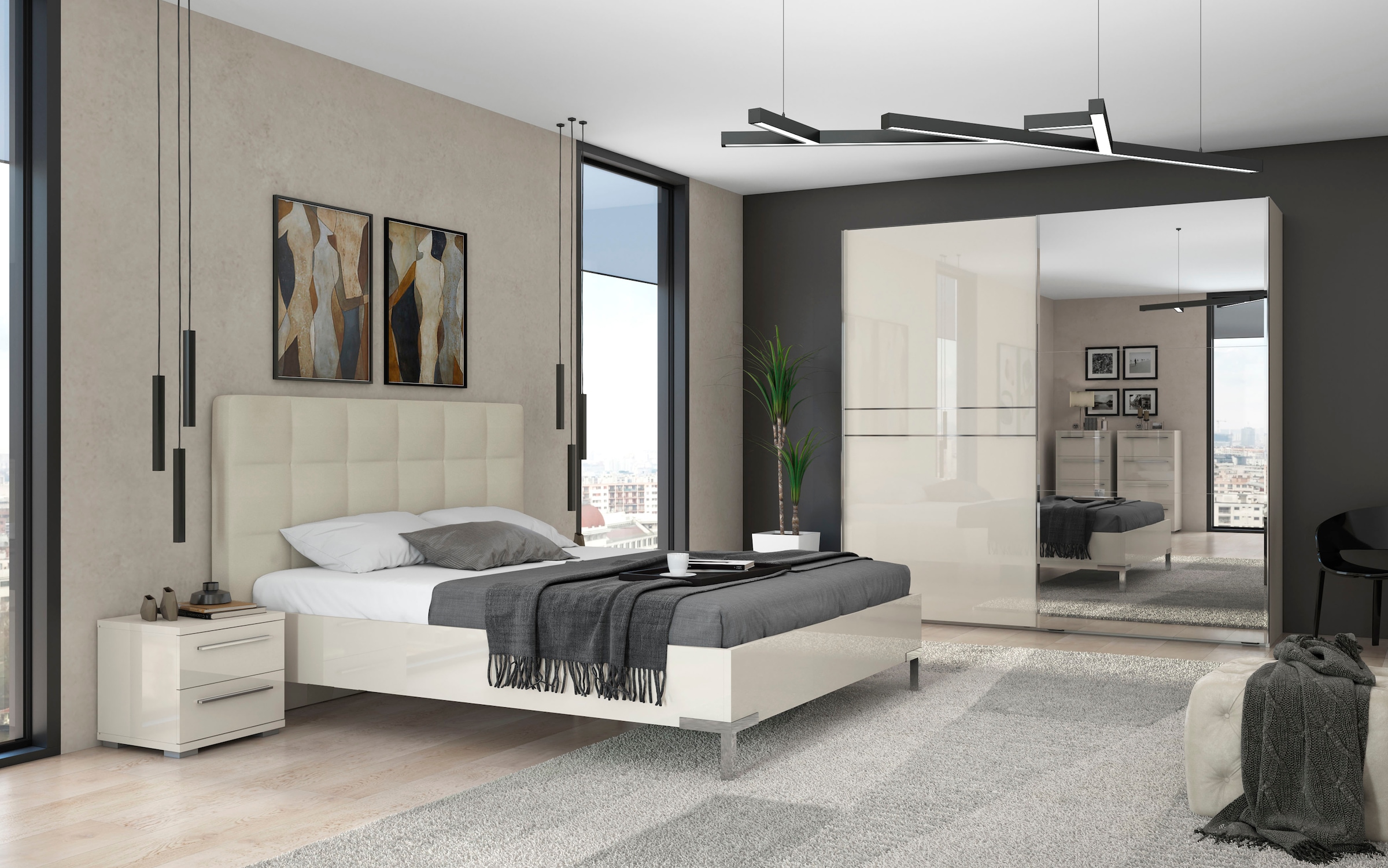Places of Style Schwebetürenschrank »Piano, mit Einlegeböden, Kleiderstangen, Spiegel, Türen soft-close«, (in 3 Breiten, 224cm hoch, mit verchromten Aufleistungen), mit Spiegeltür, FSC-zertifizierter Holzwerkstoff