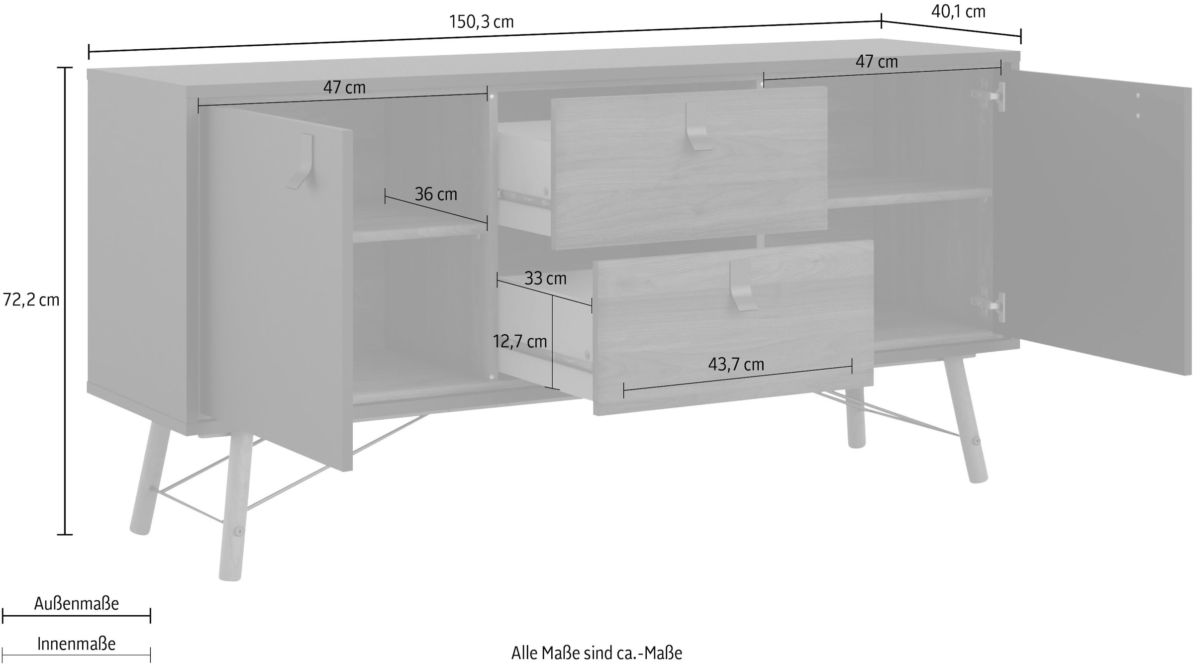 andas Sideboard »Ry Aufbewahrung, Schubladenschrank,« Breite 150 cm, Höhe 72 cm, Kommode mit 2 Türen und 2 Schubläden