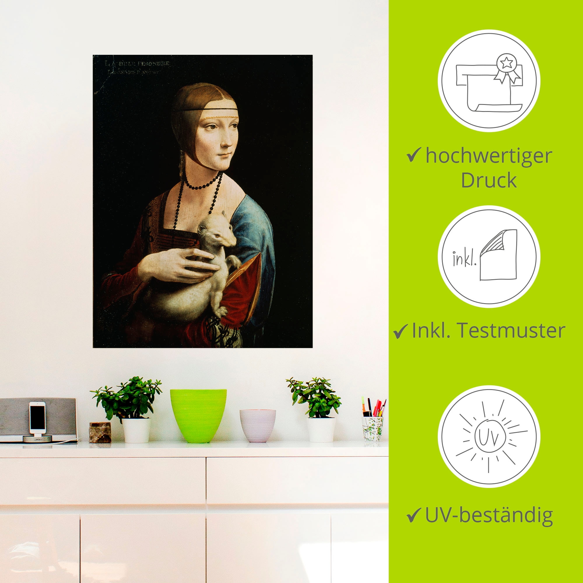 Artland Wandbild »Dame mit dem Hermelin Porträt«, Frau, (1 St.), als Leinwandbild, Poster, Wandaufkleber in verschied. Größen