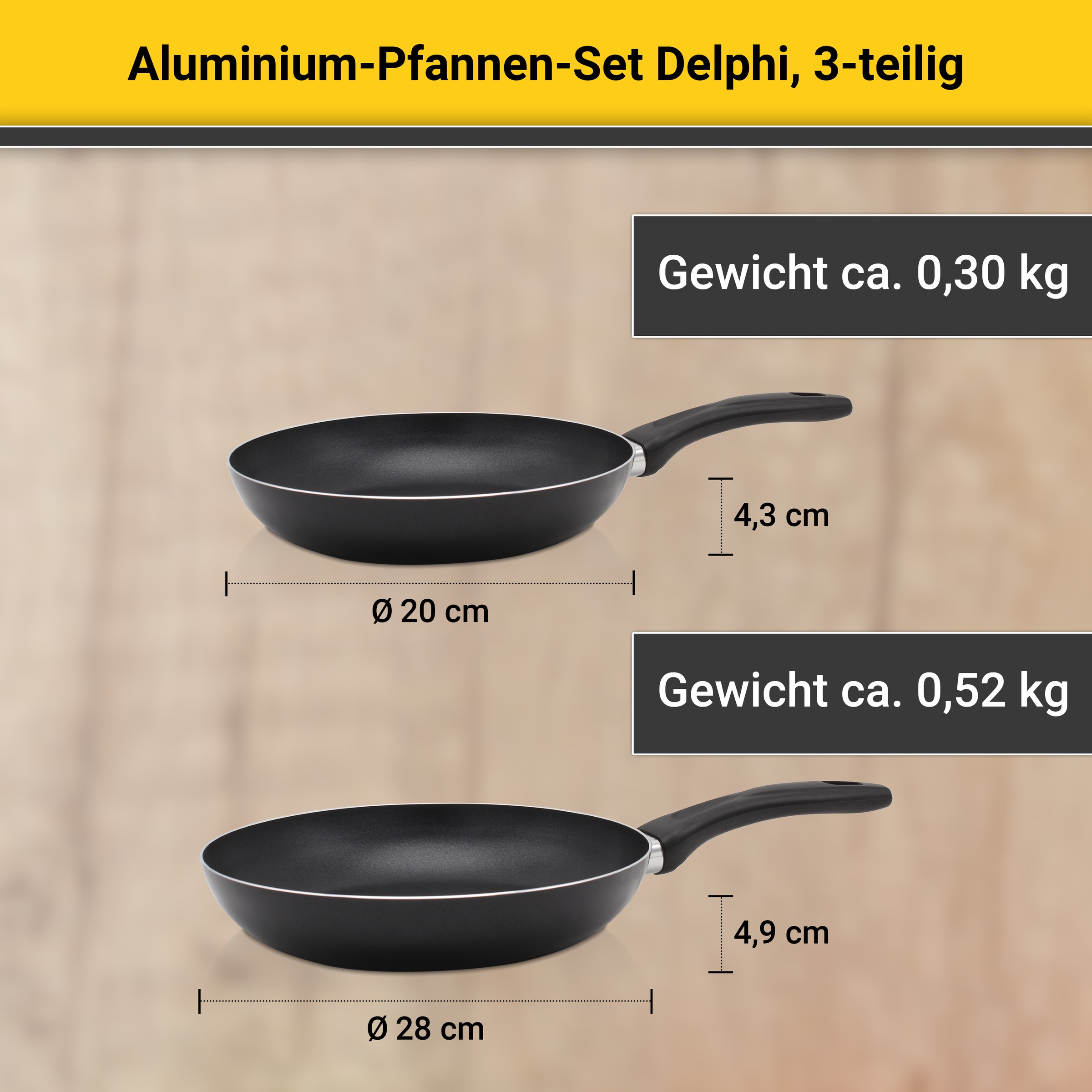 Krüger Pfannen-Set »Aluminium Pfannen-Set DELPHI 3 tlg. (20 + 28 cm und Pfannenwender)«, Aluminium, (Set, 3 tlg., 1x Bratpfanne Ø 20 cm (H. 4,3 cm), 1x Bratpfanne Ø 28 cm (H. 4,9 cm)