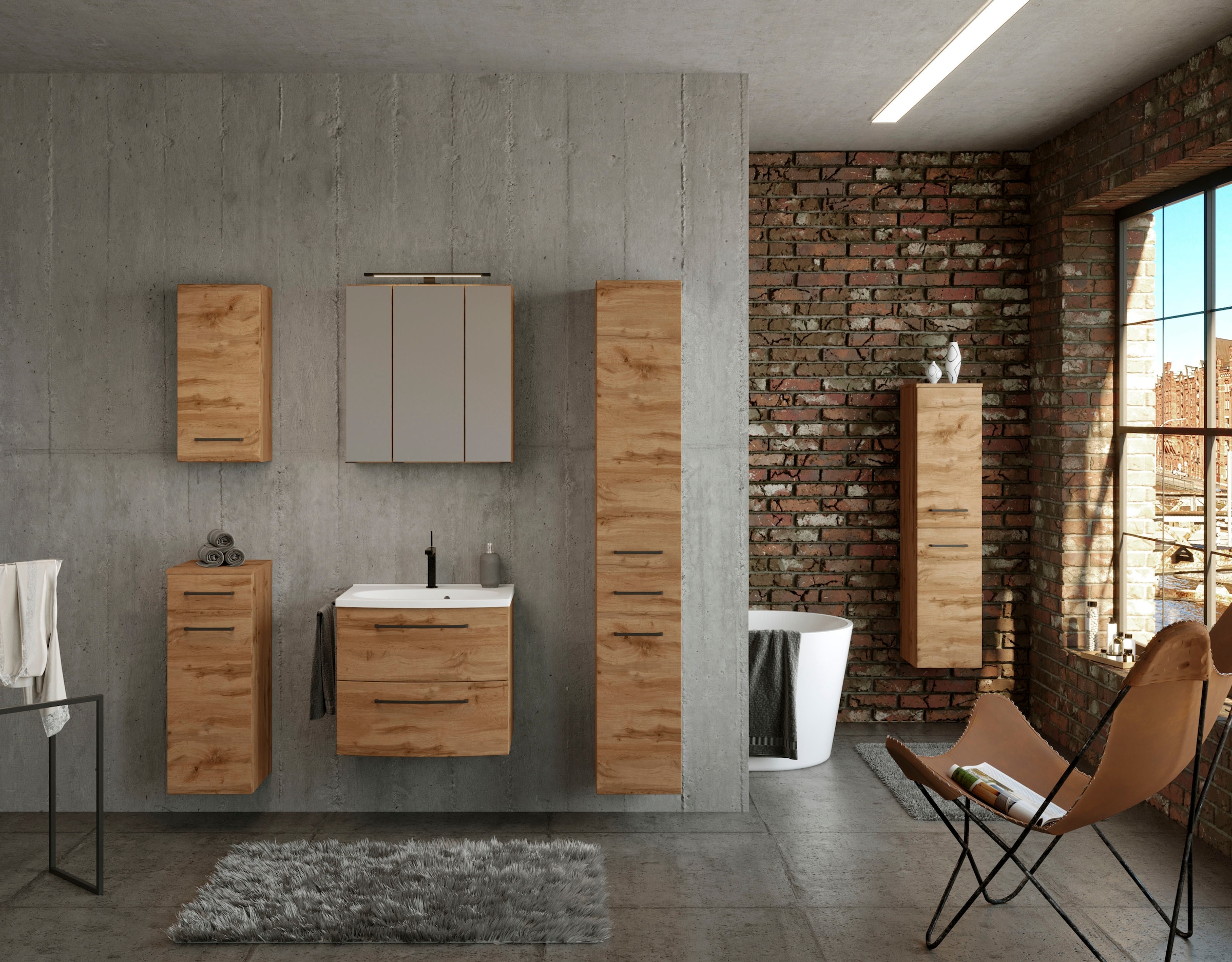 welltime Badmöbel-Set »Chicago«, (5 St., Spiegelschrank, Waschtisch, Hängeschrank, Unterschrank, Seitenschrank)