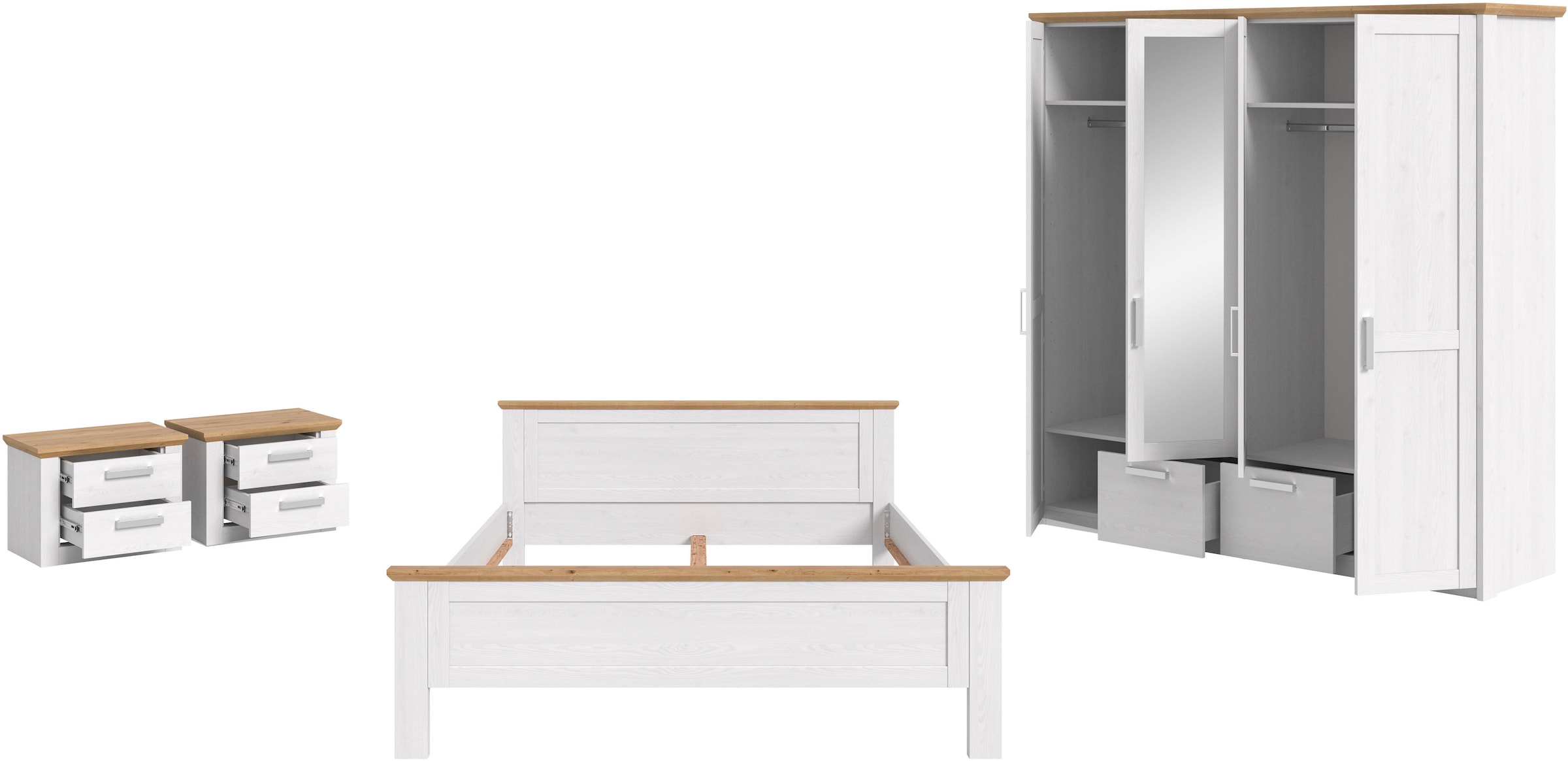 Home affaire Schlafzimmer-Set »COSENZA, TOPSELLER!, 4-tlg., Kleiderschrank, Bettgestell & Nachttische« Matratzengröße 180x200 cm, viel Stauraum, ohne Lattenrost & Matratze, 4 tlg. tlg.