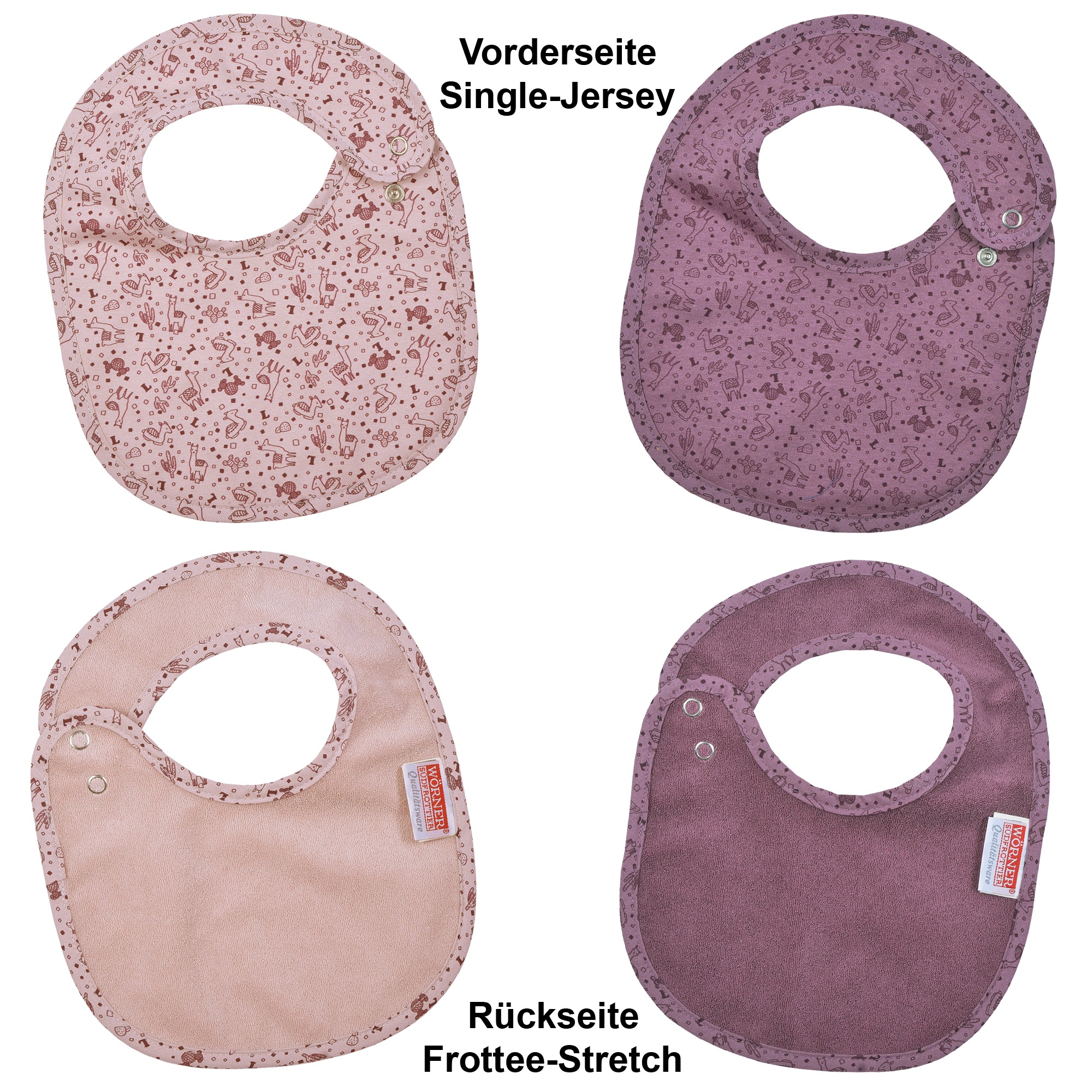 Wörner Lätzchen »Lamas rosa Druckknopflatz 22x29 cm«, (2 St.), mit Druckknöpfen, maschinenwaschbar, trocknergeeignet