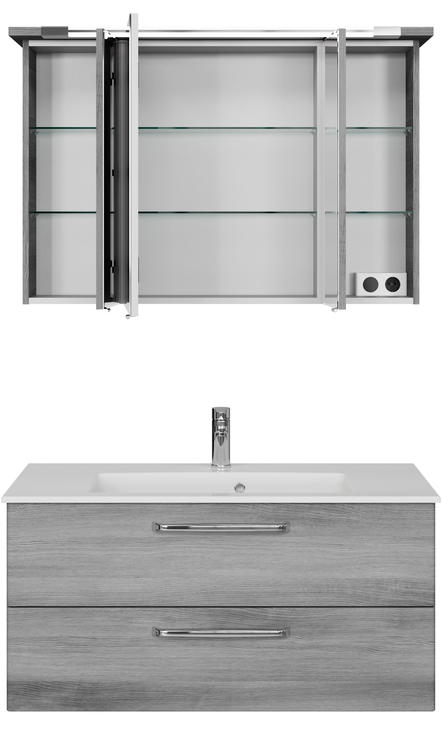 Saphir Badmöbel-Set »Trentino 2-tlg Mineralmarmor-Waschtisch, Spiegelschrank mit LED-Profil«, (3 St.), Badmöbel-Set 107cm breit, inkl. Türdämpfer, 3 Türen, 2 Auszügen