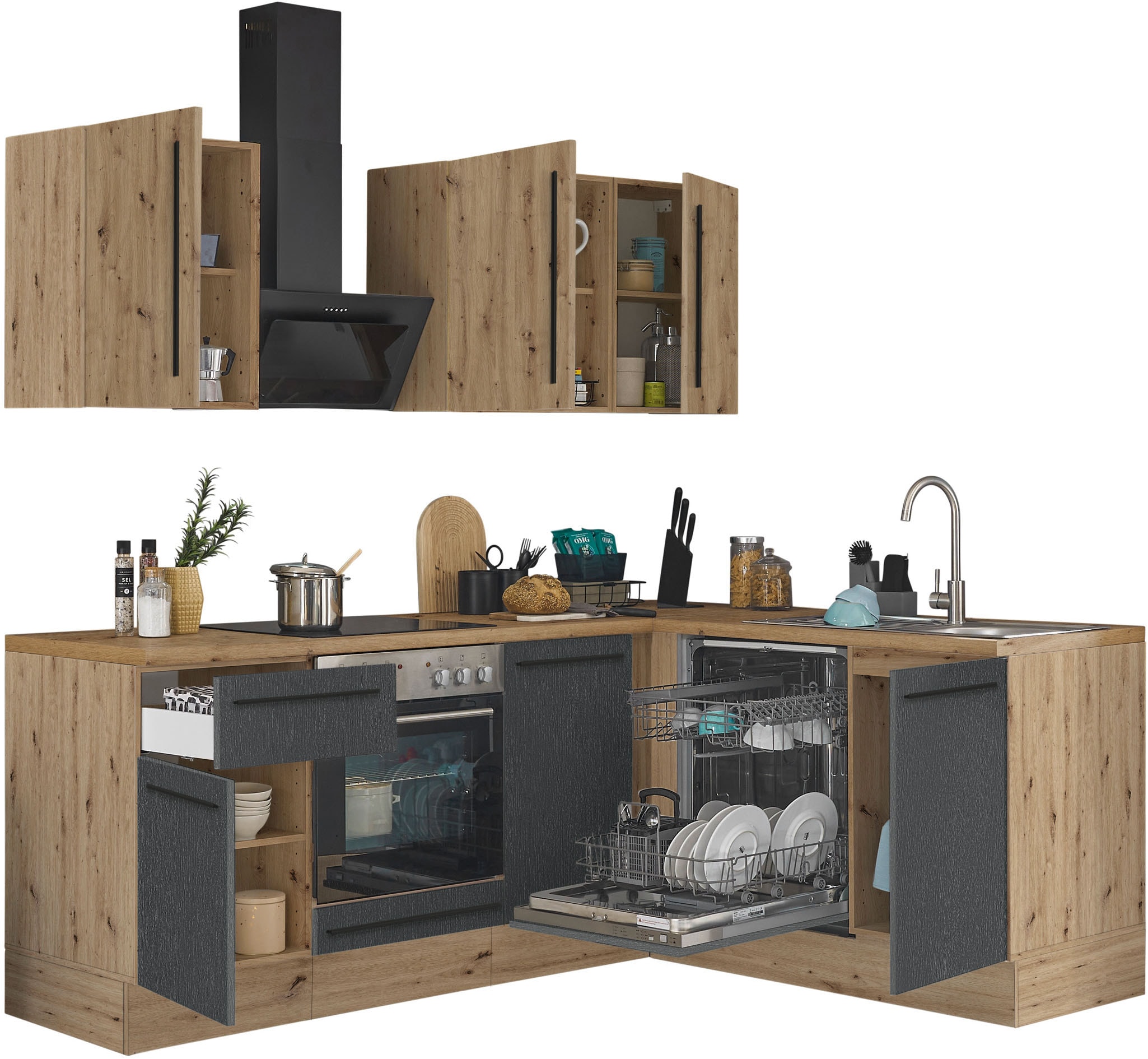 KOCHSTATION Winkelküche »Florida, Stellbreite 220x175 cm« wahlweise mit E-Geräten, mit Softclose für Türen und Schubkästen