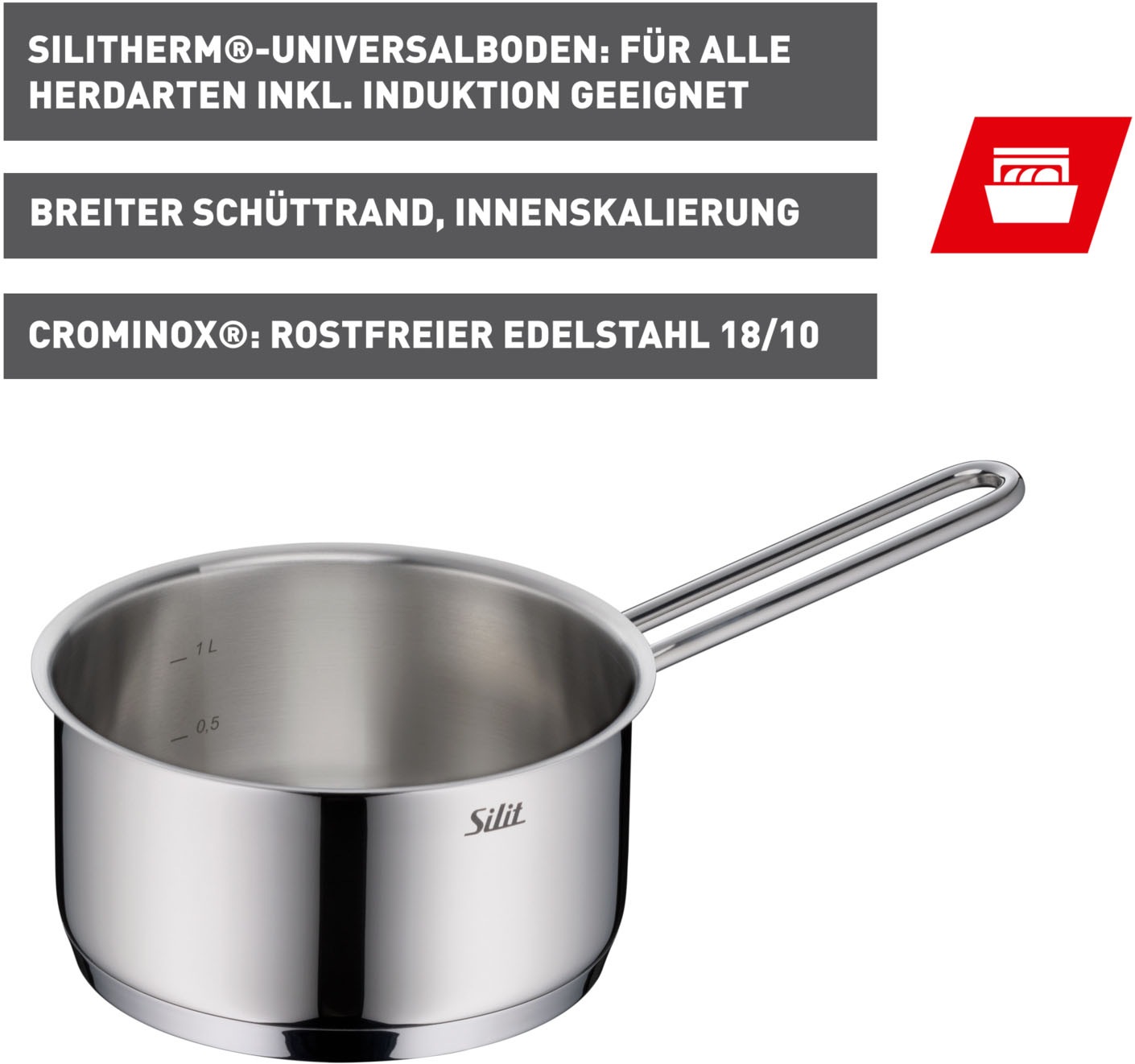 Silit Kasserolle »Extra Cook«, Edelstahl 18/10, (1 tlg.), SiliTherm Universalboden, induktionsgeeignet, spülmaschinengeeignet