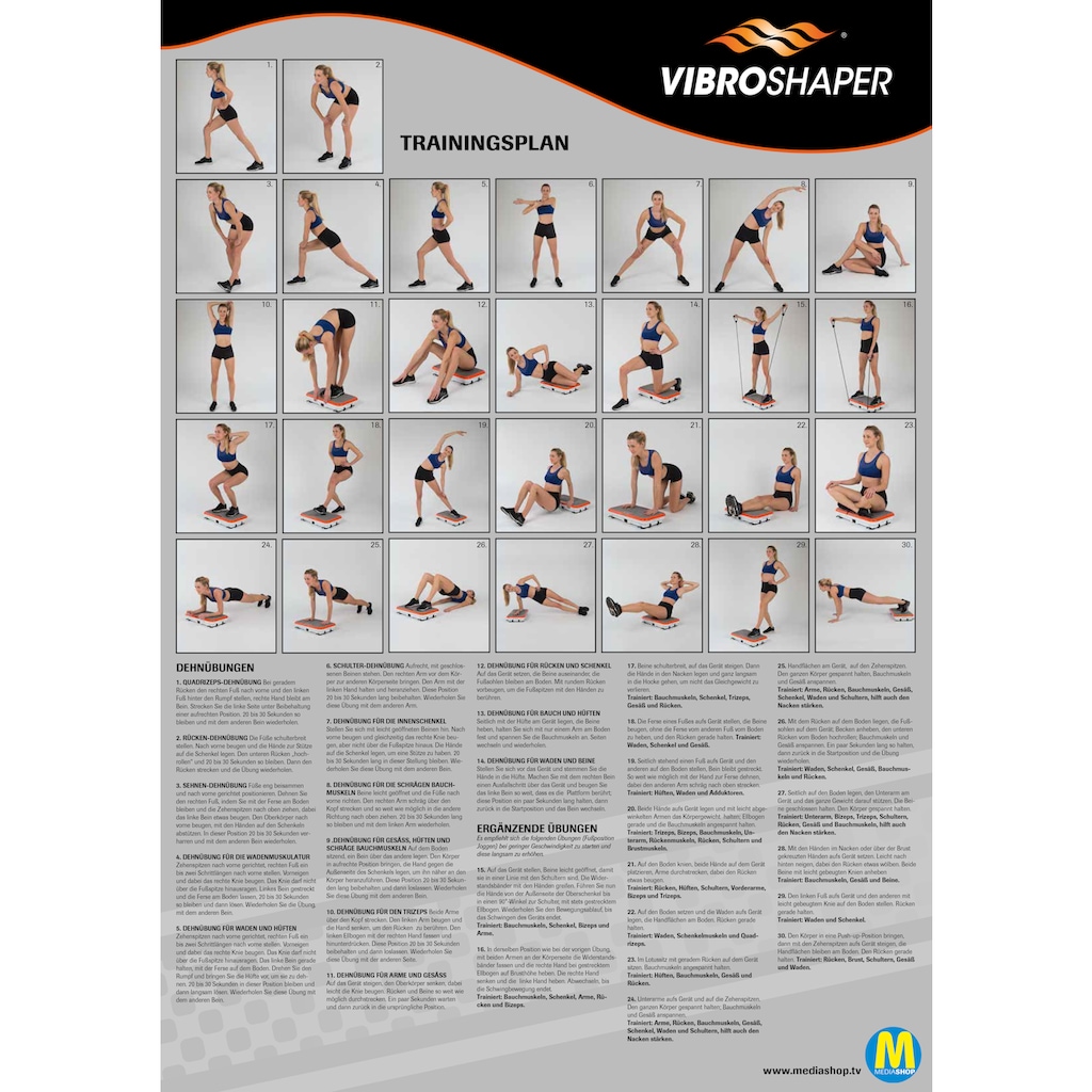 MediaShop Vibrationsplatte »VIBROSHAPER«, 200 W, 3 Intensitätsstufen, (Set, mit Trainingsbändern), mit abnehmbarer Haltestange
