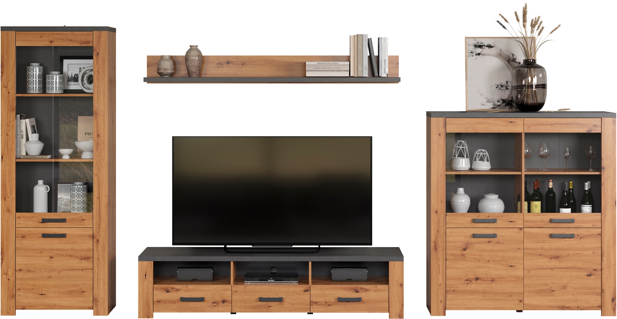 Home affaire TV-Wand »Ambres«, (4 St.), Modernes TV SET, Echtholzoptik, Breite ca. 409 cm, matt