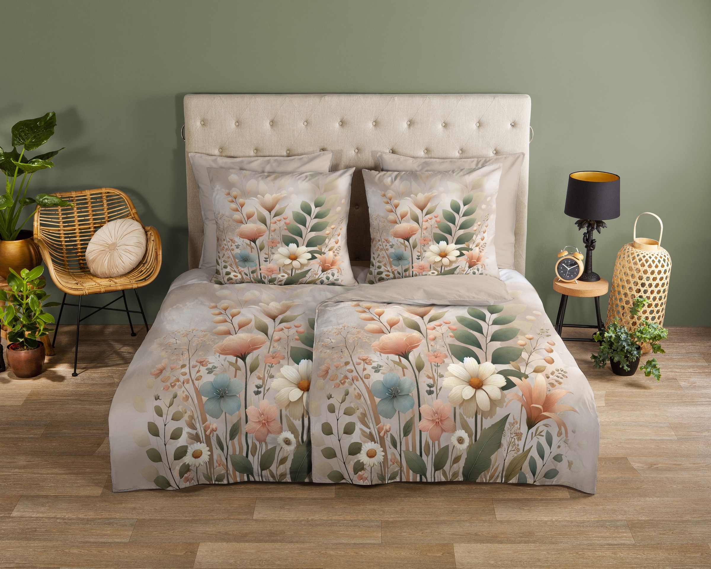 good morning Wendebettwäsche »Ingrid«, 100% Baumwolle, Renforcé, Reißverschluss, Wendeoptik, Blumen, sand