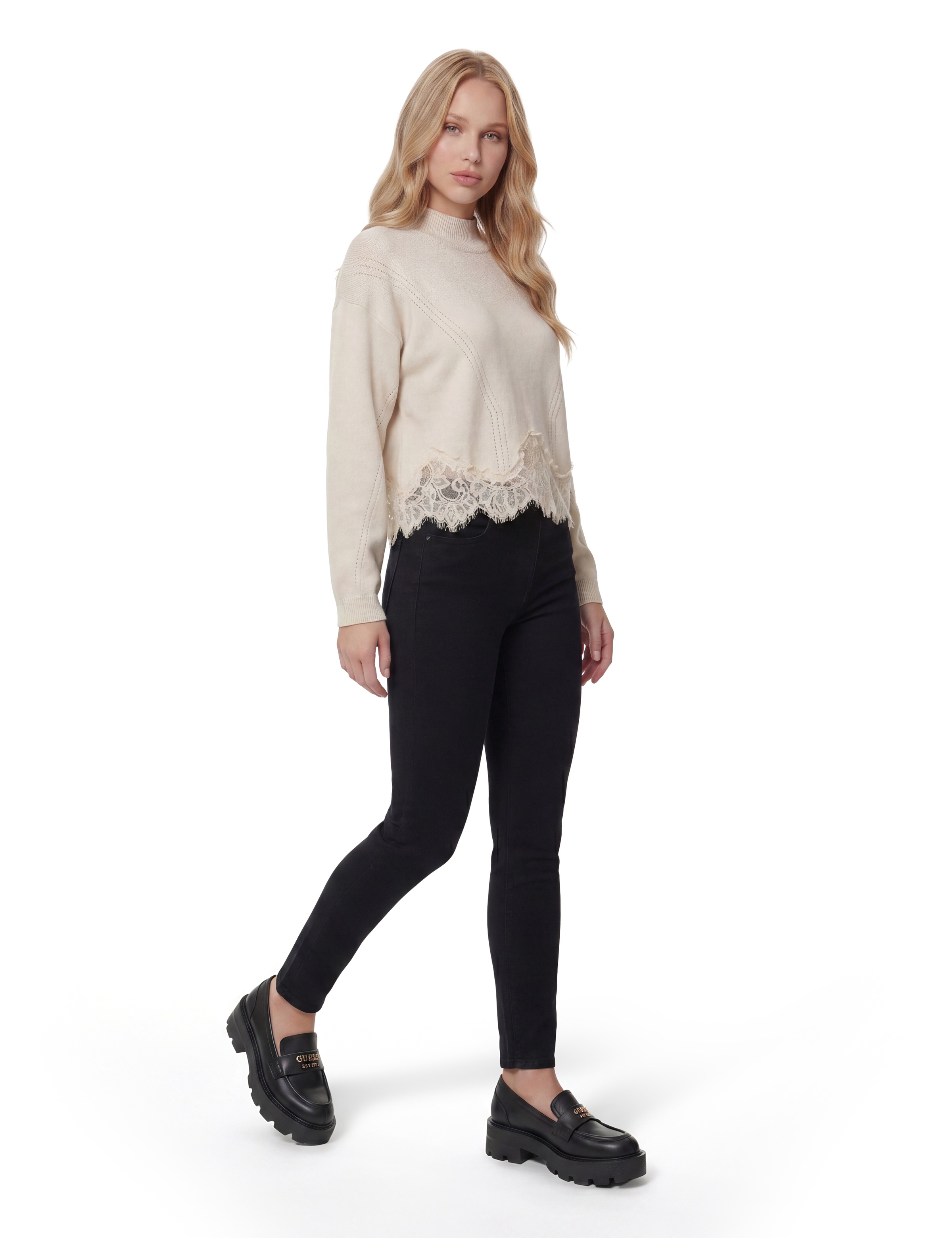 Guess Strickpullover »LS MN HAYDEN LACE SWTR« mit Woll-Anteil, Spitzenbesatz