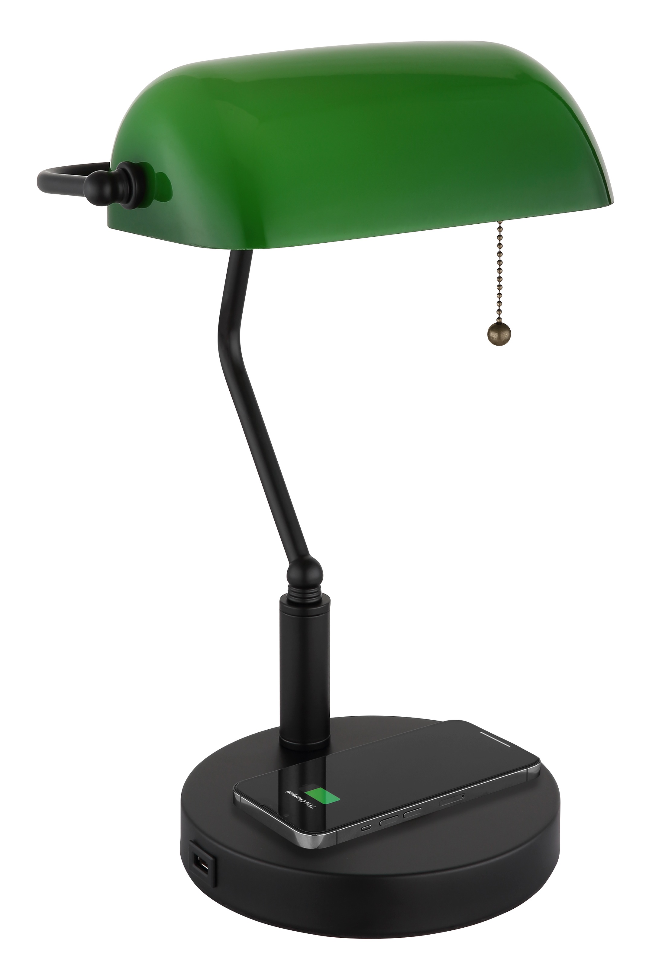 OTTO home Tischleuchte »Eevva« E27 1 Stk. Wireless Ladefunktion, Bankerlampe, Zugschalter-Kette