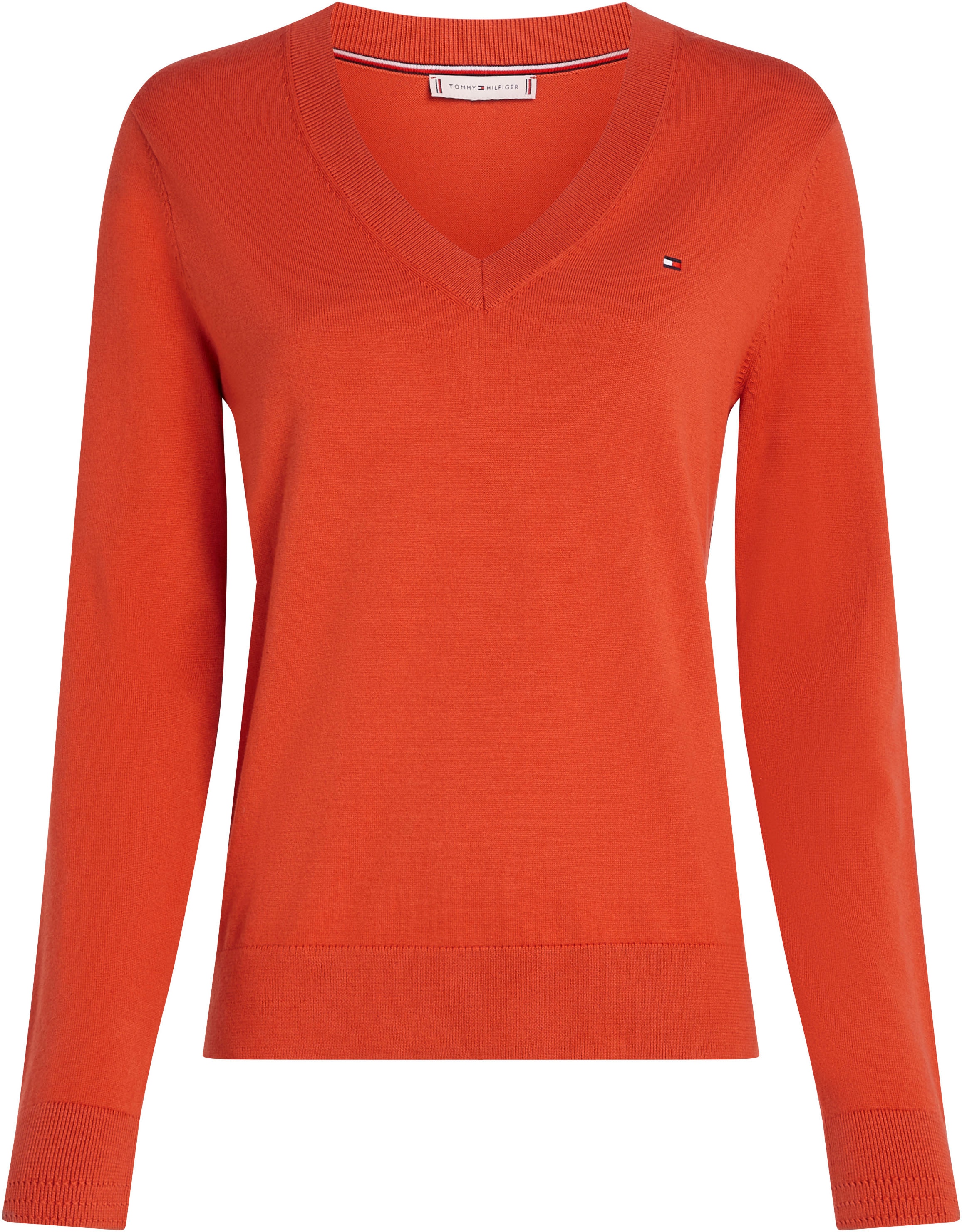 Tommy Hilfiger V-Ausschnitt-Pullover »CO JERSEY STITCH V-NK SWEATER mit V-Ausschnitt und Ripp«, unifarben, casual, regular fit, Baumwollmix, V-Ausschnitt