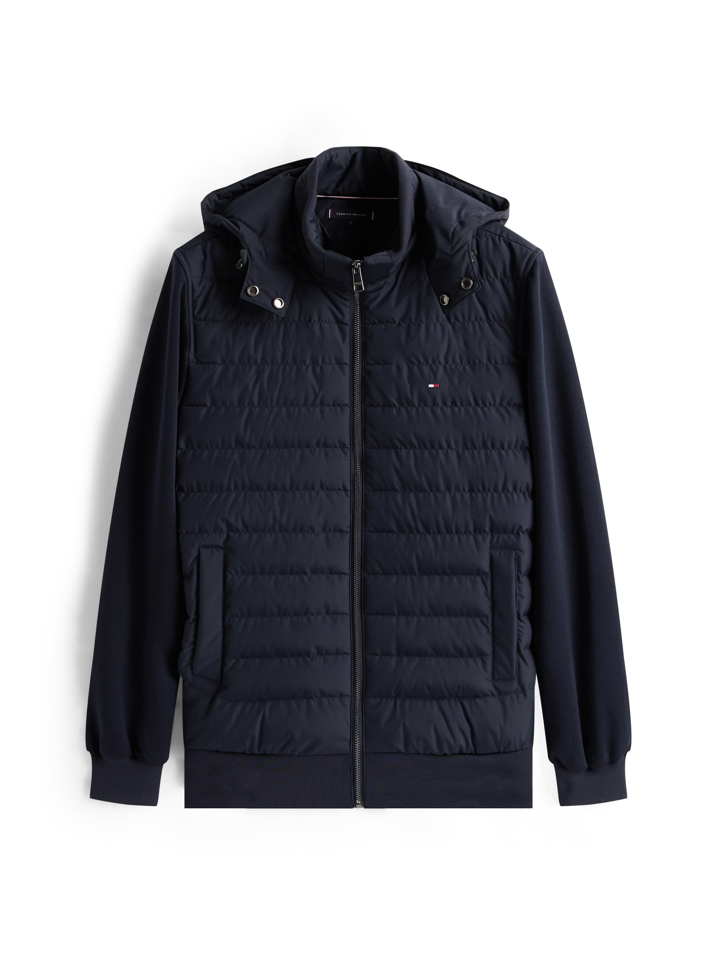Tommy Hilfiger Kapuzensweatjacke »MIX MEDIA HOODED ZIP THROUGH«, mit gesteppten Einsatz, abnehmbare Kapuze, Stehkragen, regular fit
