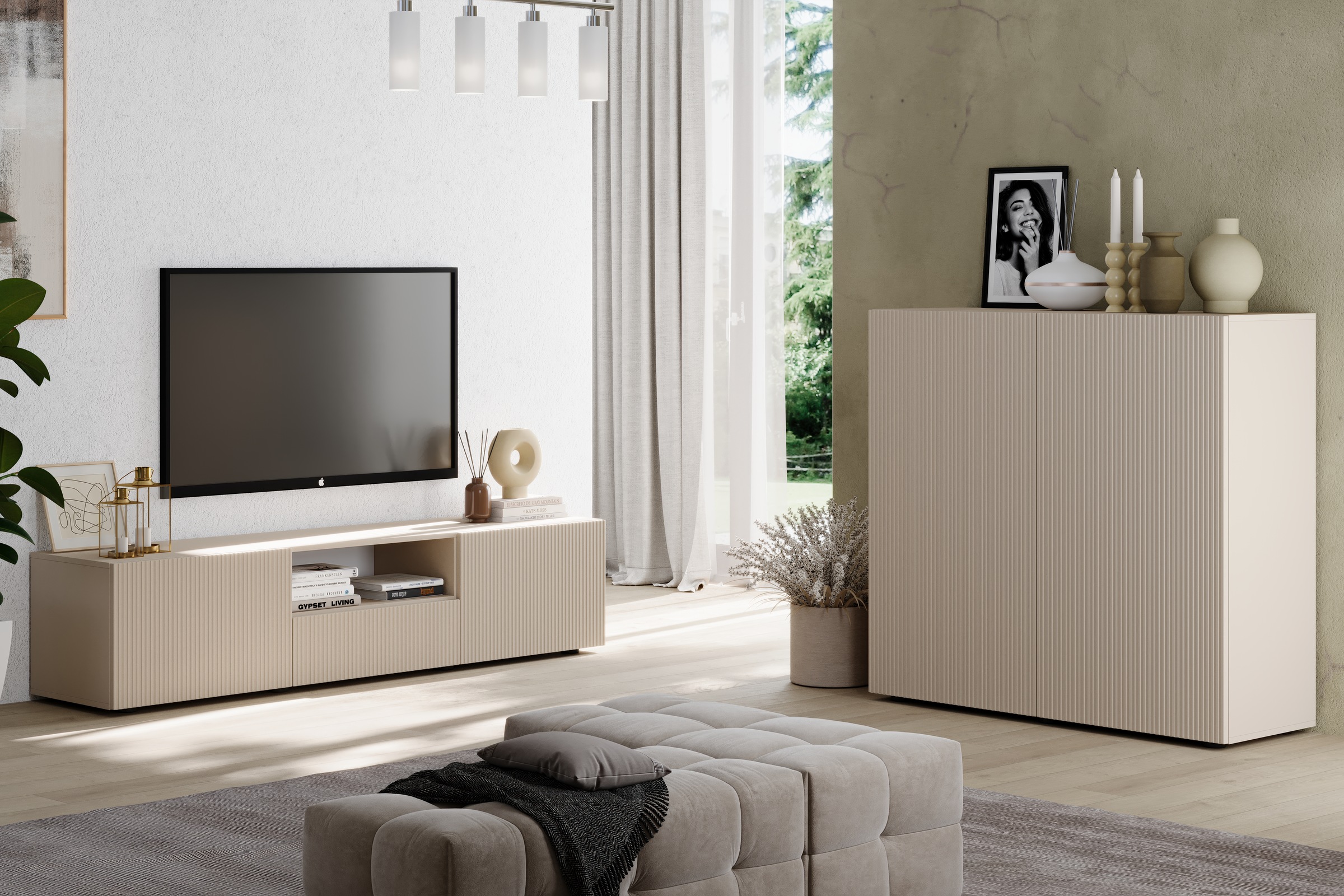 INOSIGN Lowboard »Rio Breite 181 cm, TV-Board 2 Türen u. 1 Schubkasten, TV-Schrank«, geriffelte MDF-Fronten, modern u. elegant, Kabelführung, viel Stauraum