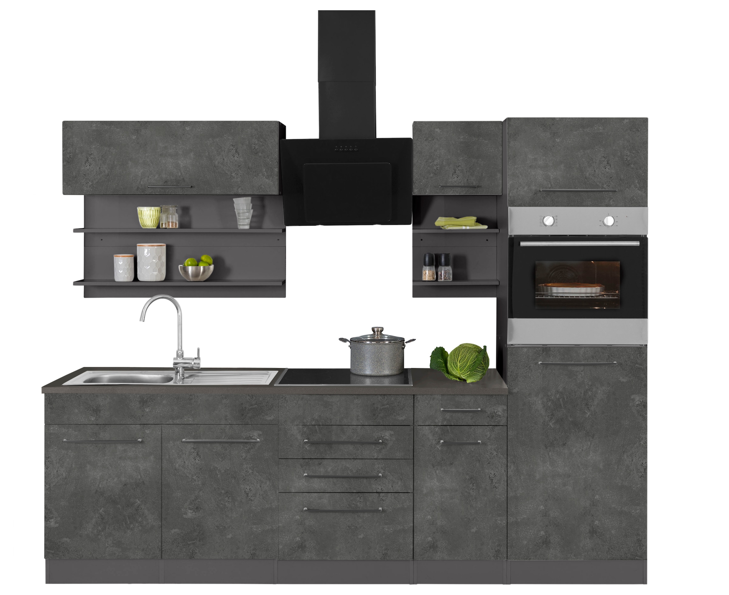 KOCHSTATION Küchenzeile »KS-Tulsa« mit E-Geräten, Breite 330 cm, schwarze Metallgriffe, MDF Fronten