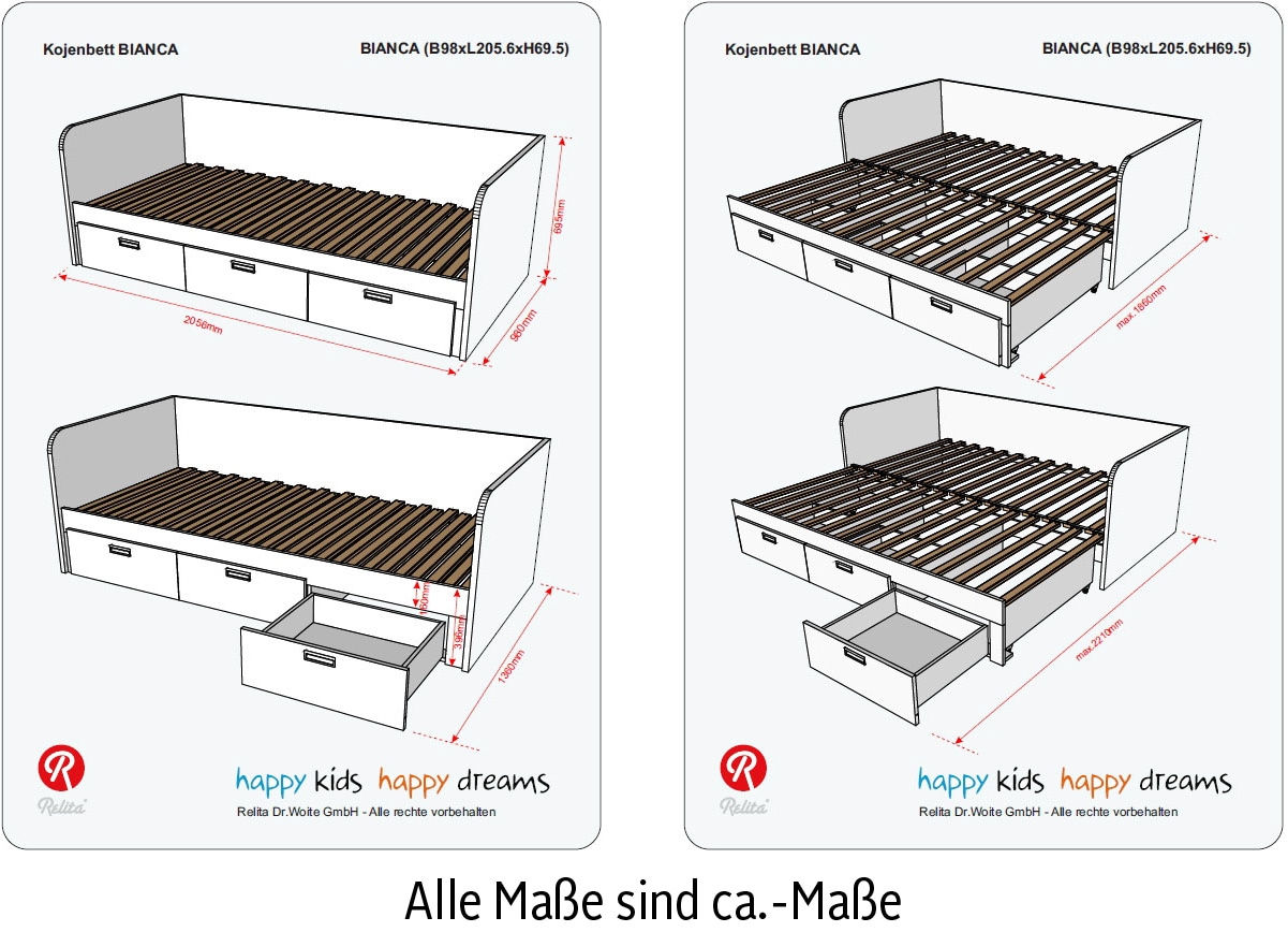 Relita Einzelbett, ausziehbar auf 180x200 cm, 3 Schubladen, mit Lattenrost, 2 Farben