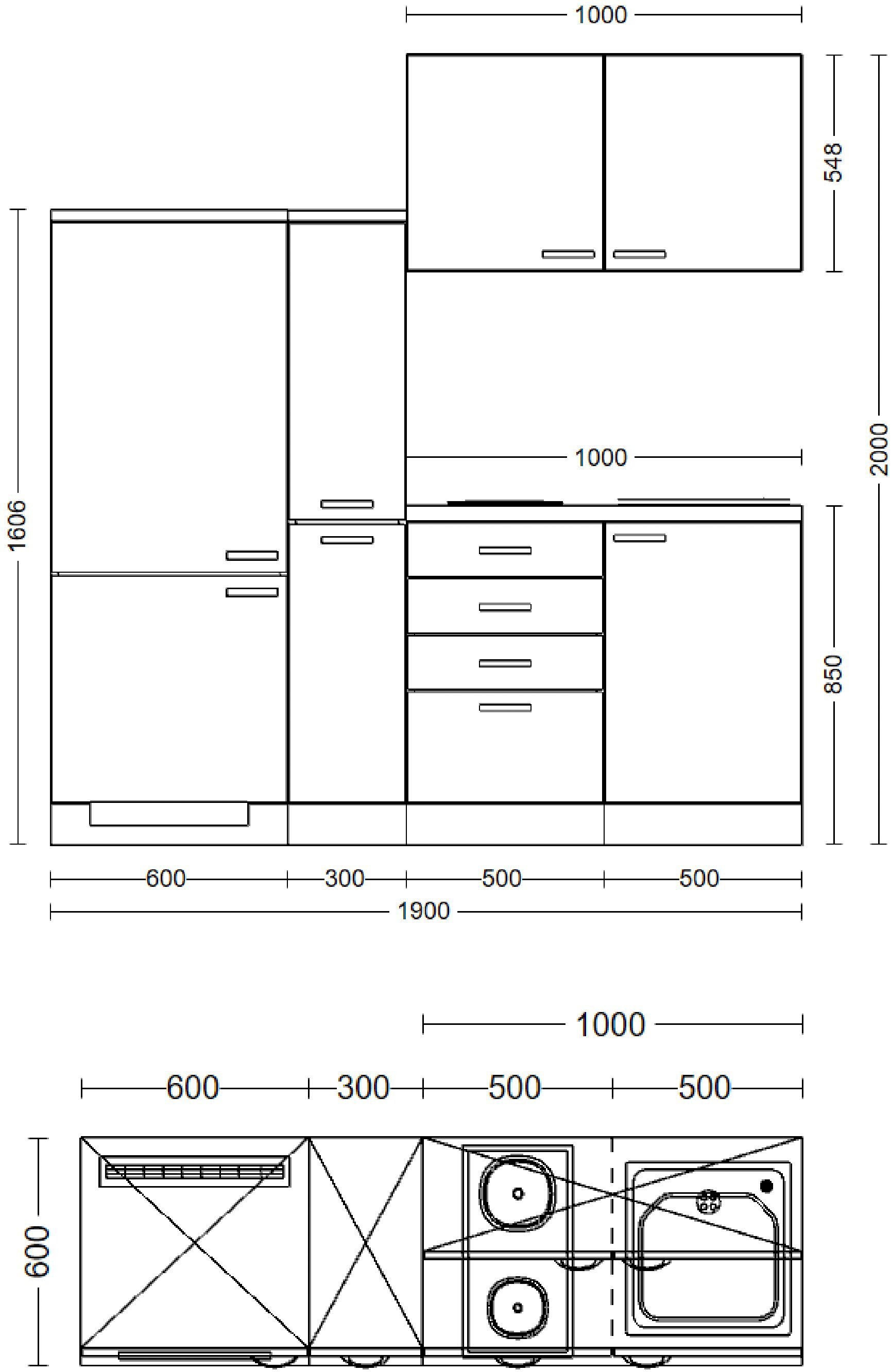 Flex-Well Küchenzeile »Nano«, Gesamtbreite 190 cm, mit Apothekerschrank, mit Einbau-Kühlschrank etc.
