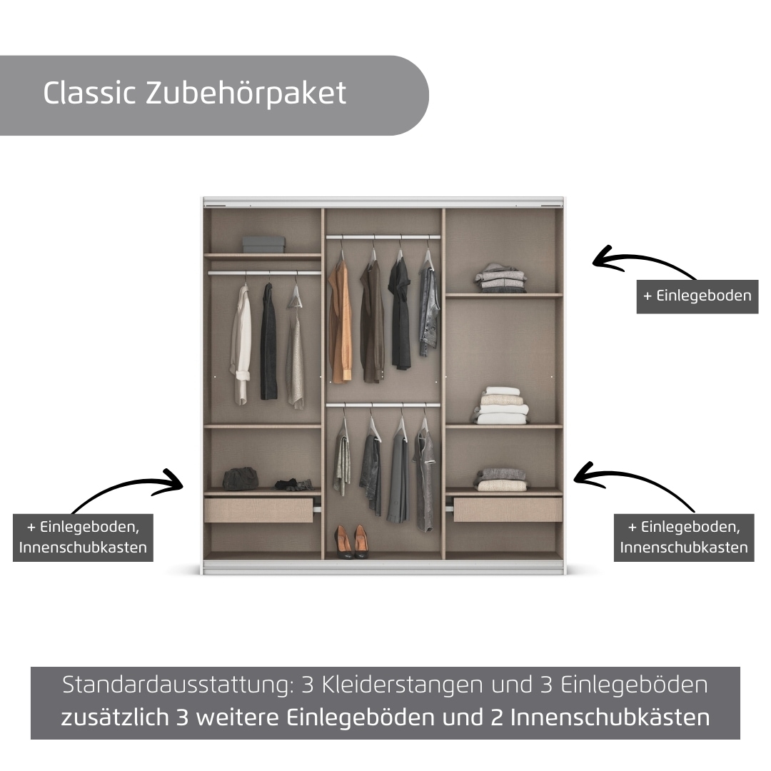 rauch Kleiderschrank »Schwebetürenschrank OTTO´s Choice Garderobe Schrank TOP ANGEBOT Avola«, (in 3 verschiedenen Ausstattungen BASIC/CLASSIC/PREMIUM inkl. Spiegel), mit eleganten Zierleisten in Chrom, Schwarz oder Weiß MADE IN GERMANY
