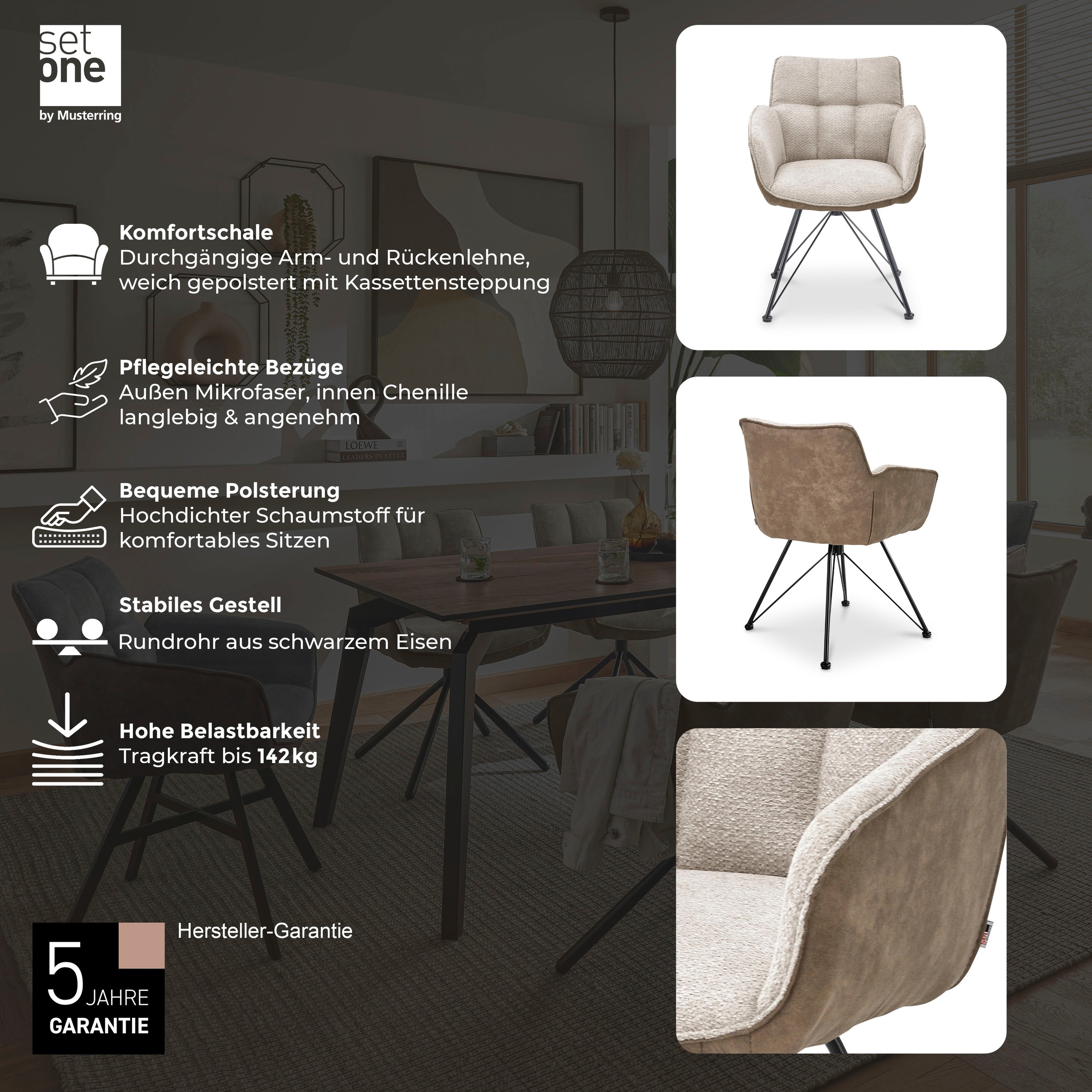 set one by Musterring Esszimmerstuhl »Frisco-B«, (Set), 2 St., Microfaser-Chenille, Bezug innen Chenille und außen Microfaser, Design-Gestell schwarz