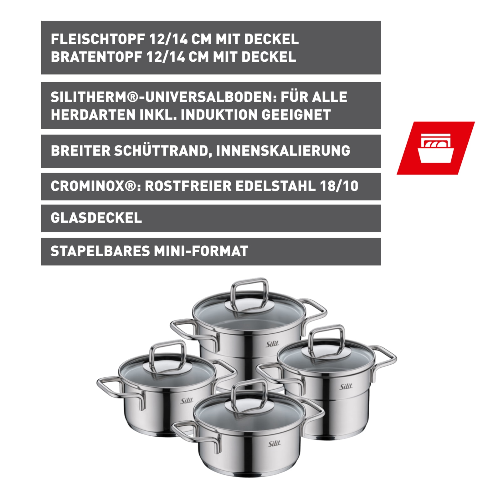 Silit Topf-Set »Extra Cook«, Edelstahl 18/10, (Set, 8 tlg., 4-teiliges Mini-Topf-Set), SiliTherm Universalboden, induktionsgeeignet, spülmaschinengeeignet