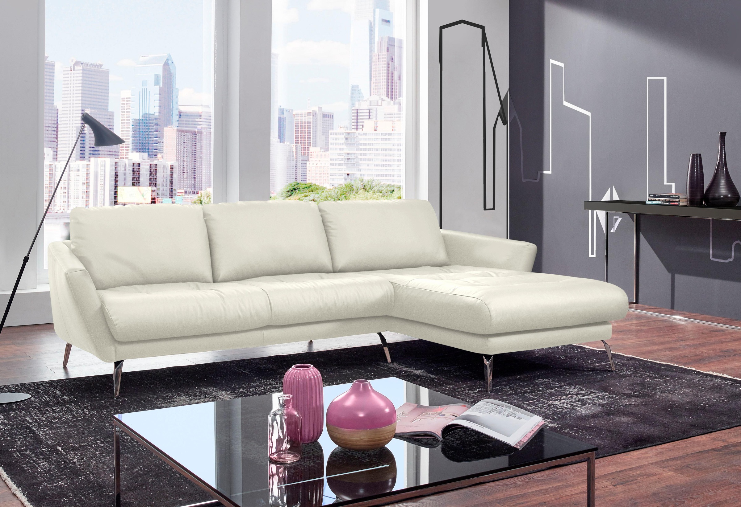 W.SCHILLIG Ecksofa »softy, Designsofa, zeitlos und elegant, hoher Sitzkomfort, L-Form«, mit dekorativer Heftung im Sitz, Füße Chrom glänzend