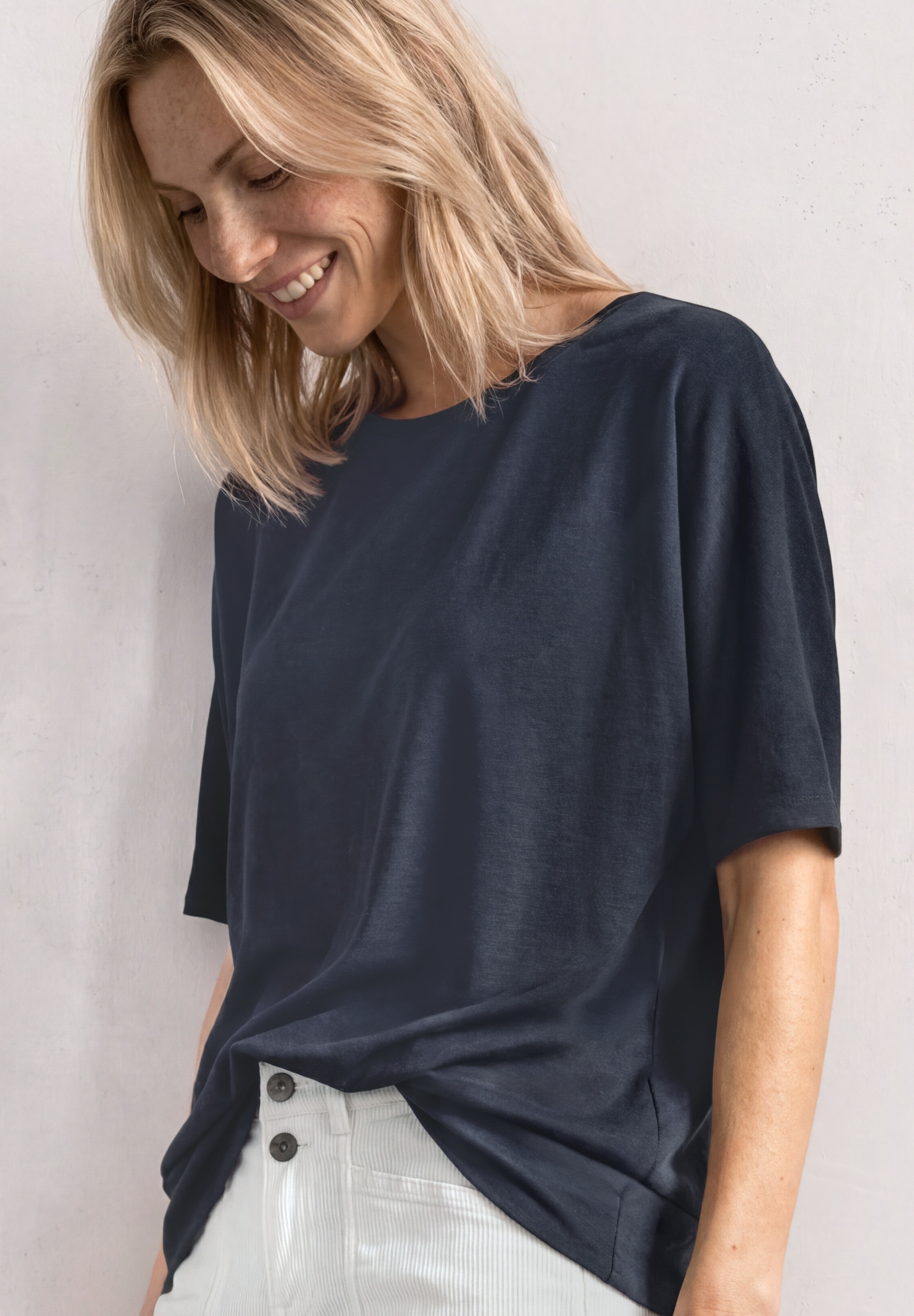 STREET ONE Rundhalsshirt Sommershirt mit Boat Neck und Elastikbund