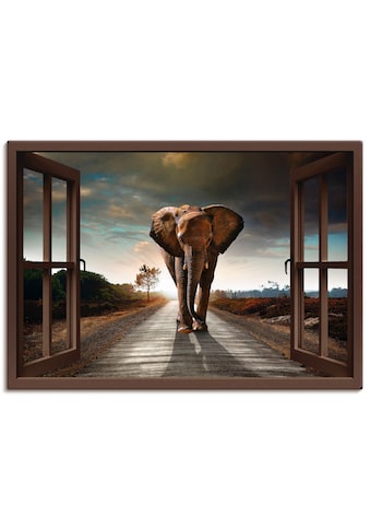 Leinwandbild »Elefant auf Straße - braunes Fenster«, Fensterblick, (1 St.)