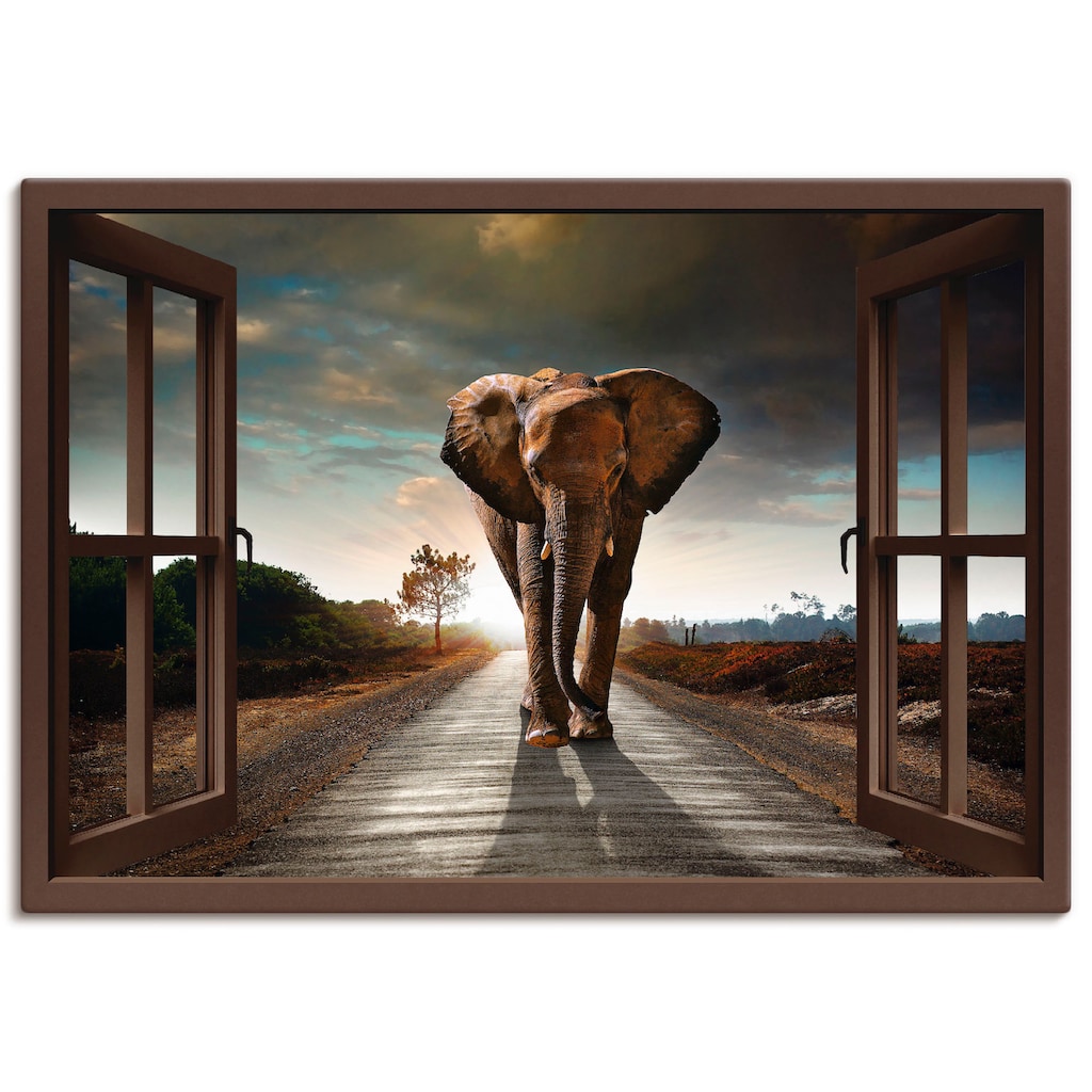 Artland Leinwandbild »Elefant auf Straße - braunes Fenster«, Fensterblick, (1 St.)