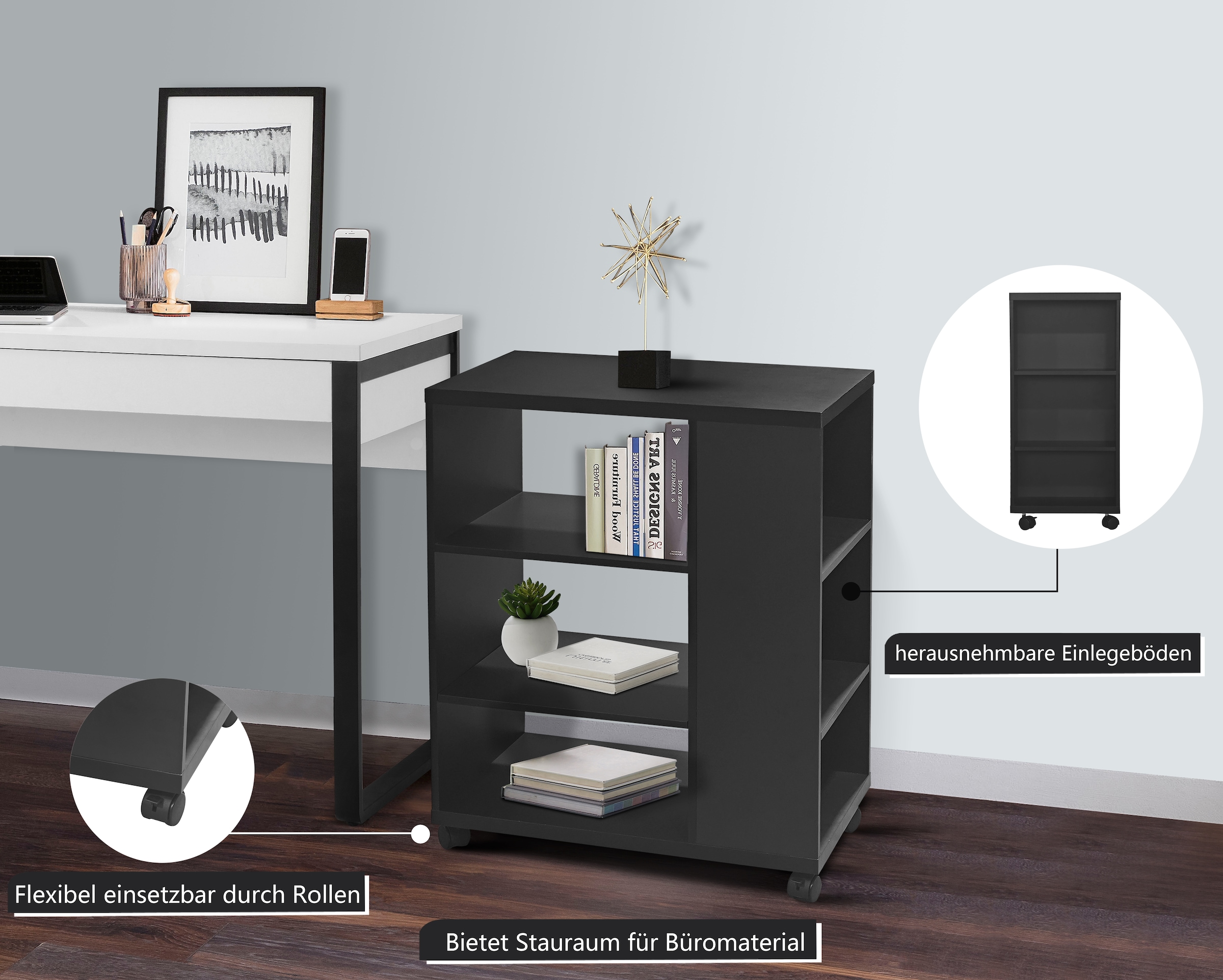 INOSIGN Rollwagen »LOKVE, Rollcontainer, Druckertisch, Rollregal,«, Rollen feststellbar, 6 Fächer, Höhe 75 cm