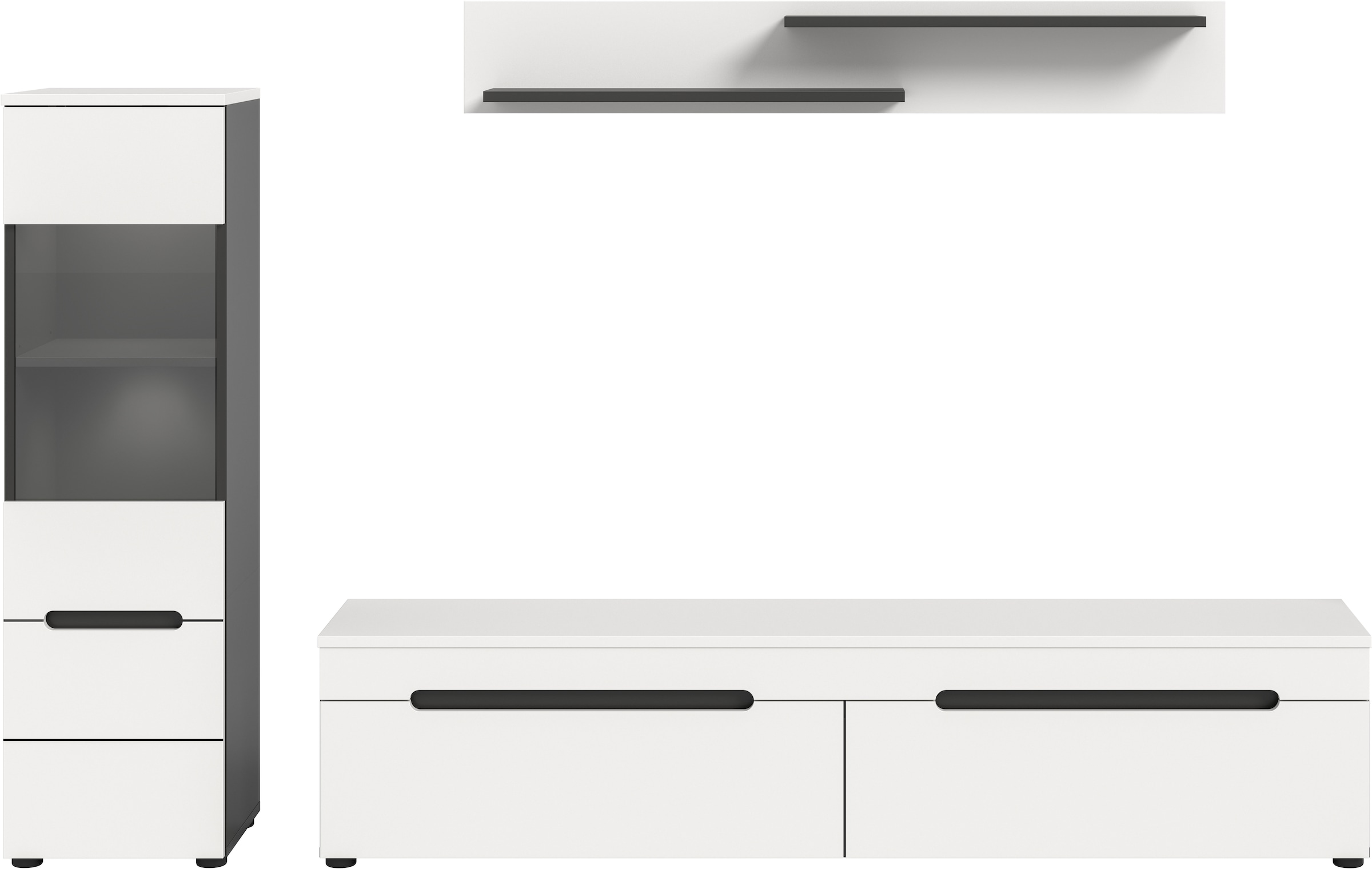 INOSIGN Wohnwand »REHAT, TOPSELLER!, 3-teilig, inkl. Beleuchtung, stehend oder hängend« Set bestehend aus: Vitrine inkl. Beleuchtung, Lowboard und Wandboard, 3 Stk. tlg.