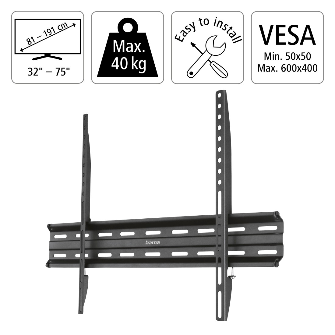 Hama TV-Wandhalterung »TV-Halterung flach, starr, 81 - 191 cm (32"-75"), 43", 50", 55", 65"«, bis 191 cm Zoll