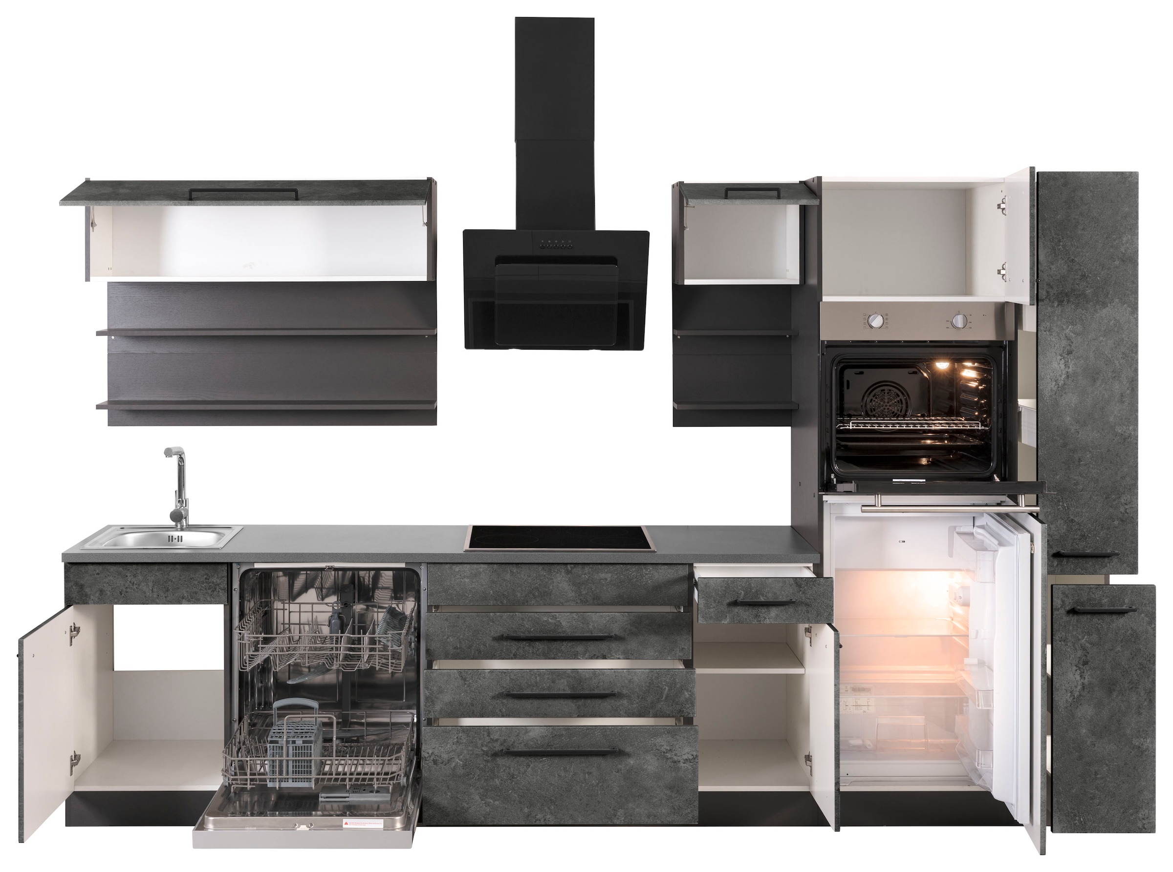 KOCHSTATION Küchenzeile »KS-Tulsa«, ohne E-Geräte, Breite 320 cm, schwarze Metallgriffe, MDF Fronten