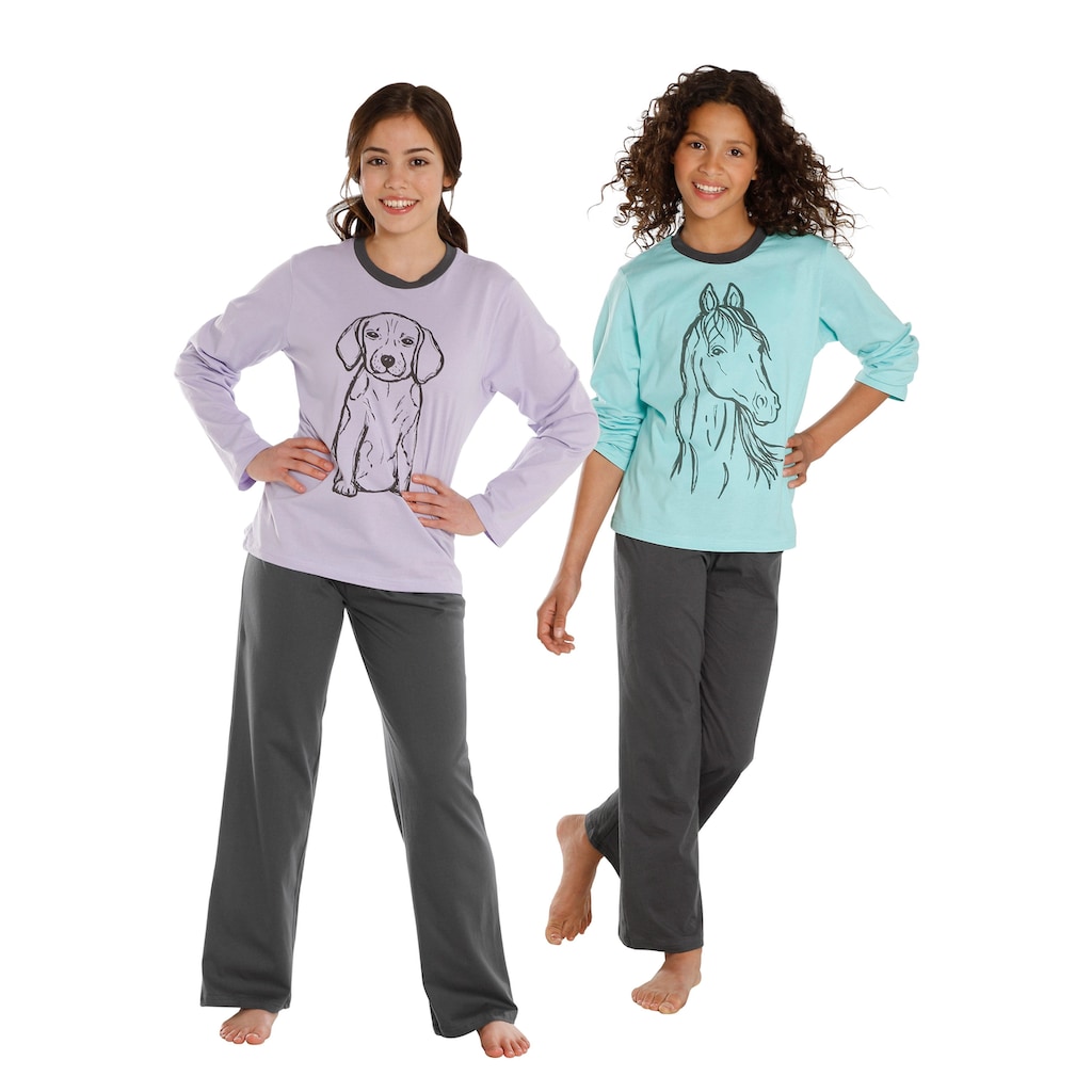 Vivance Pyjama, (2 tlg., 2 Stück), Oberteile in schönen Farben mit Tierdruck