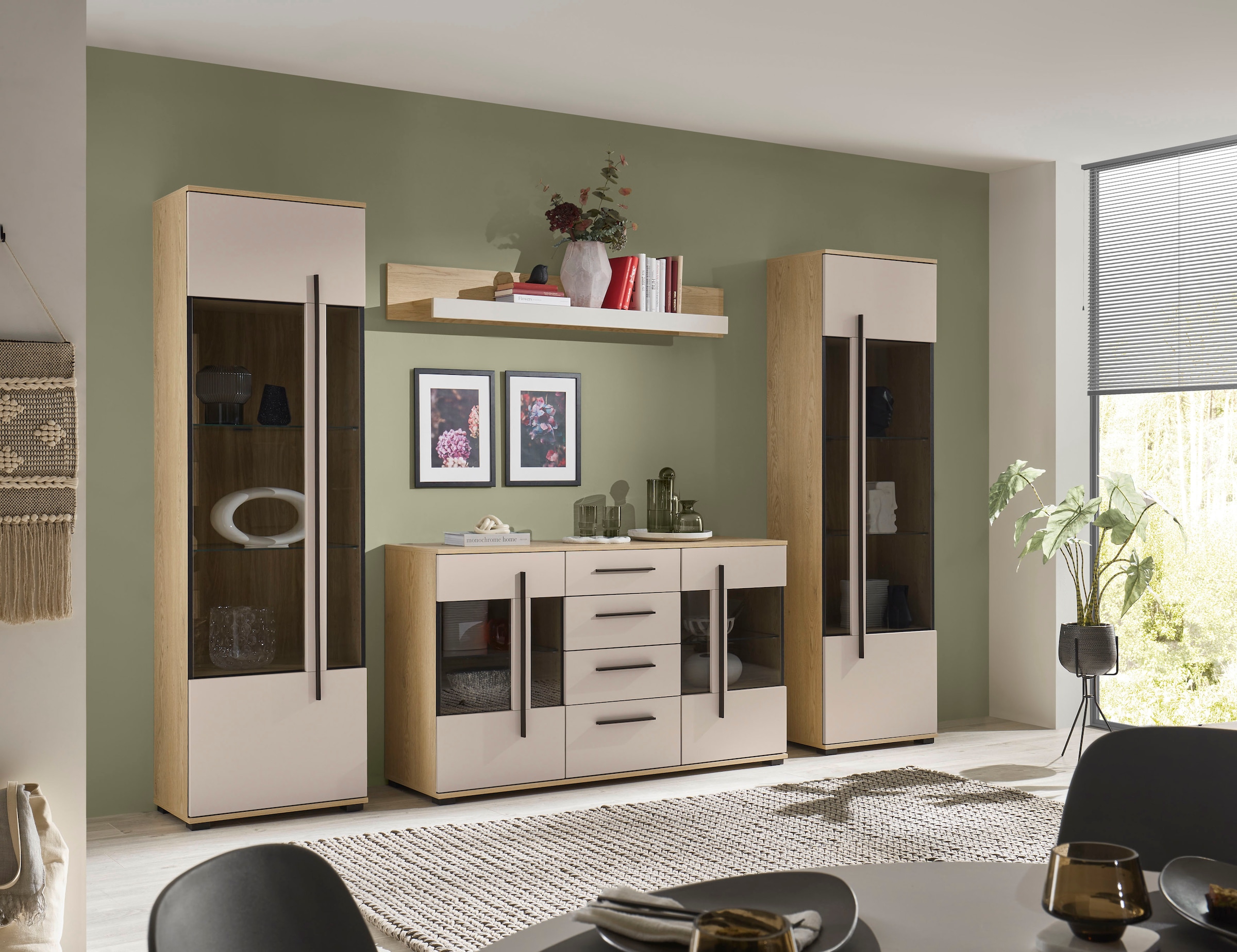 Home affaire Wohnwand »Cantara, Anbauwand, Wohnzimmer-Set, in Eiche Evoke, Weiß oder Kaschmir« Set, 4 Stk. tlg.
