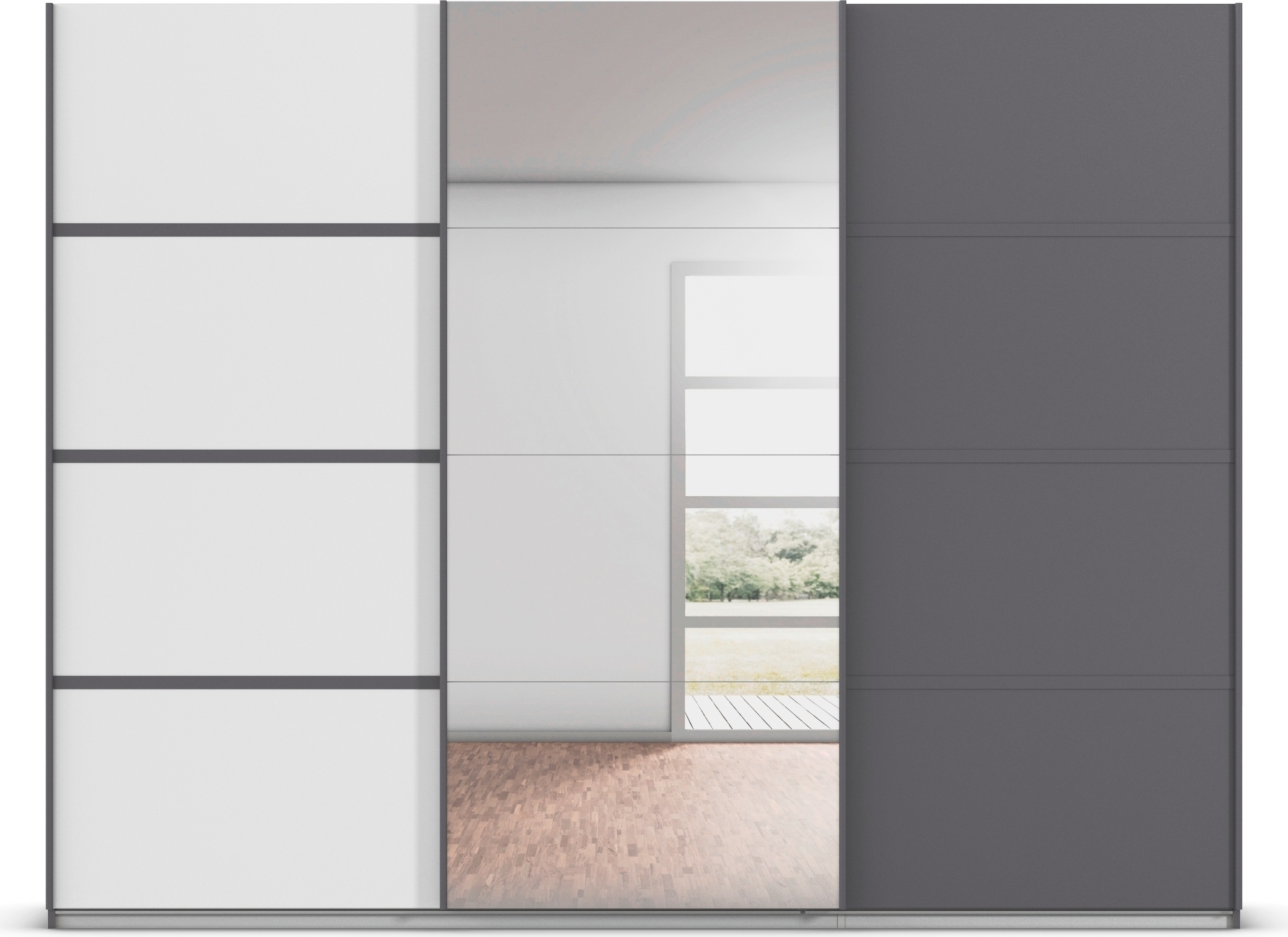 rauch Kleiderschrank »Schwebetürenschrank Garderobe Schrank TOP ANGEBOT Avola«, (in 3 verschiedenen Ausstattungen BASIC/CLASSIC/PREMIUM inkl. Spiegel), mit eleganten Zierleisten in Chrom, Schwarz oder Weiß MADE IN GERMANY
