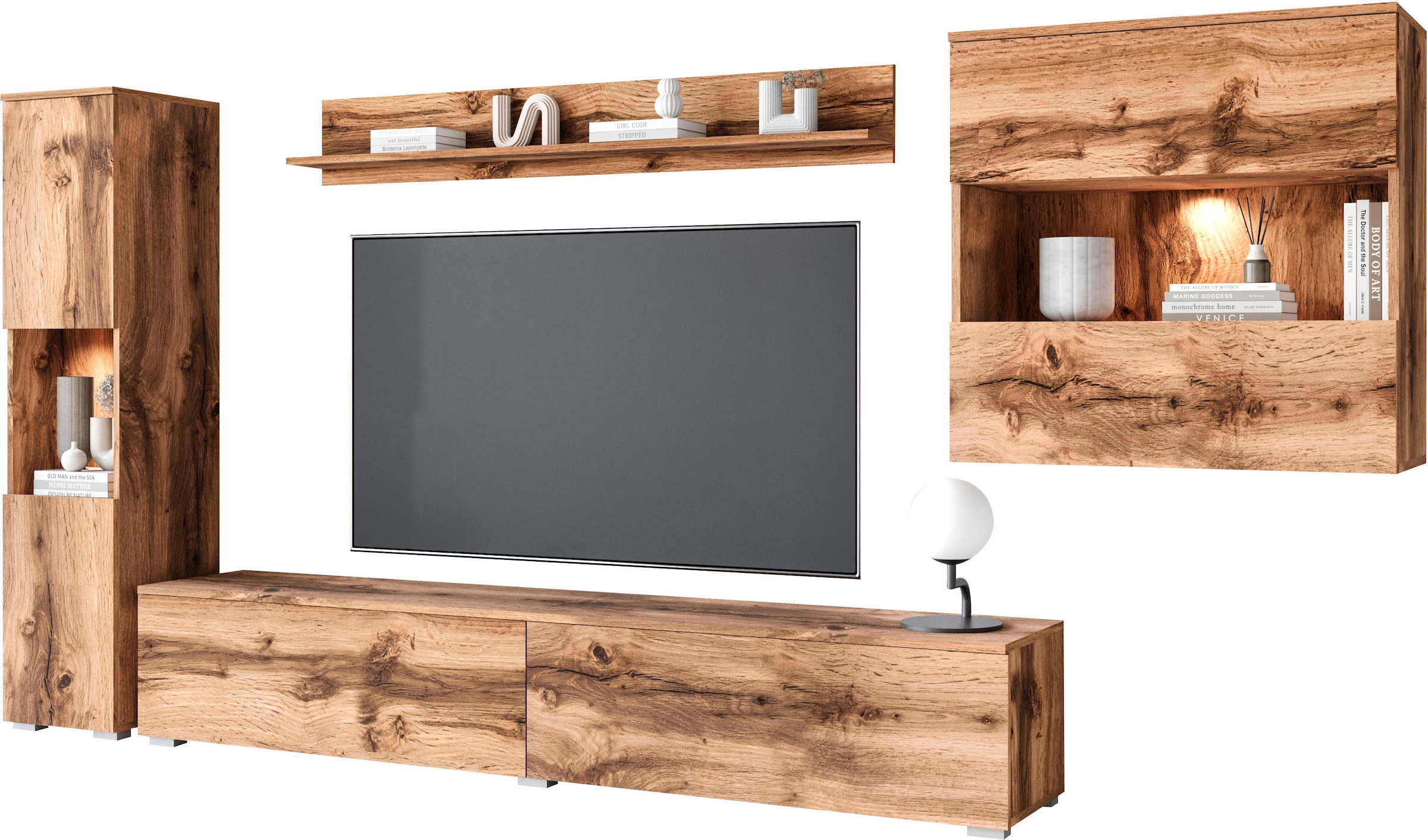 INOSIGN Wohnwand »PARIS«, (Komplett-Set, 4 St.), TV-Wand 300cm breite, grifflose Design, stehend und hängend montierbar