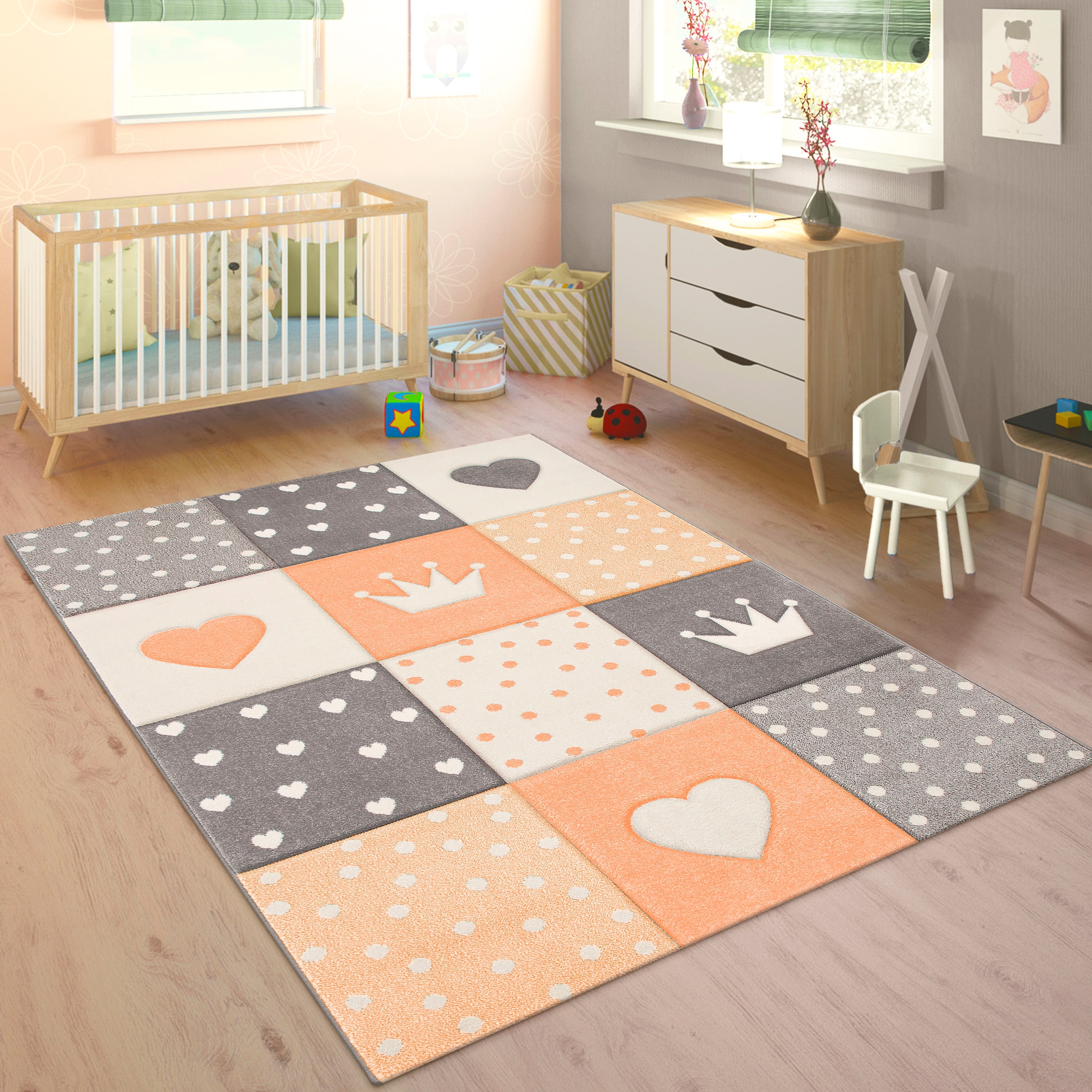 Paco Home Kinderteppich »Cosmo 339«, rechteckig, Kurzflor, Pastell-Farben, 3D-Effekt, Motiv Herz, Punkte & Krone