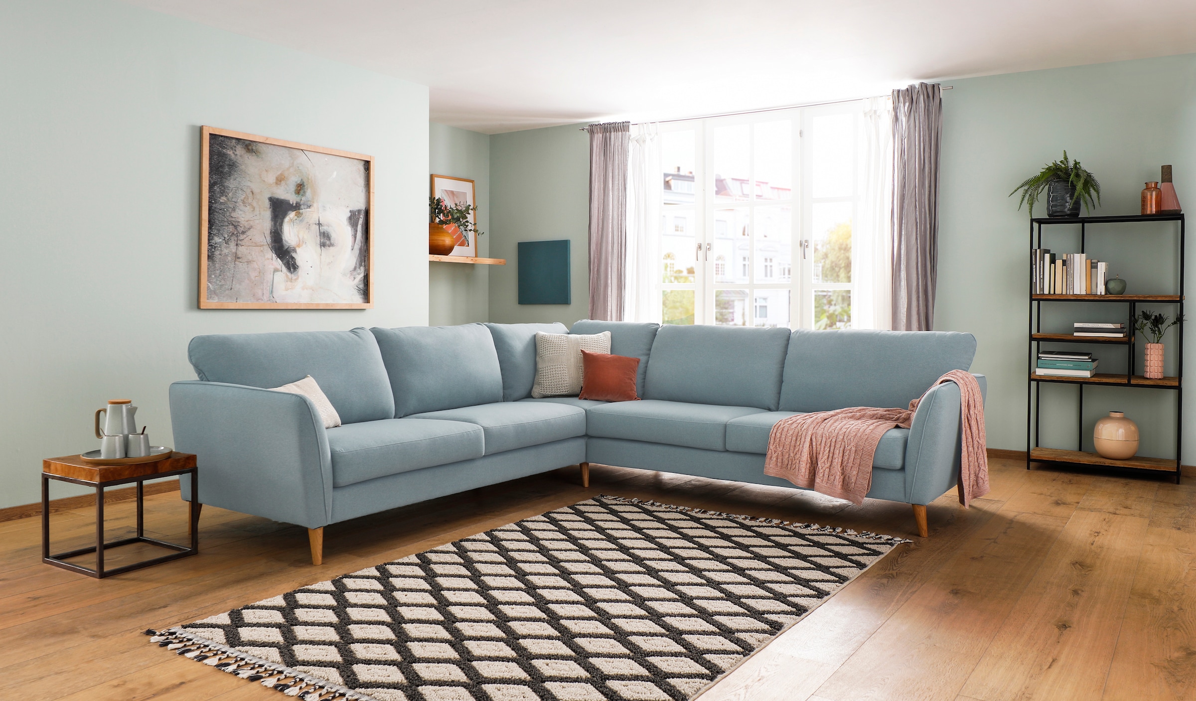 Home affaire Ecksofa »MARSEILLE 278/278 cm, L-Form, Webstoff, Flachgewebe, Filzoptik«, gleichschenklig, Massivholzbeine, Landhausstil, Wellenunterfederung