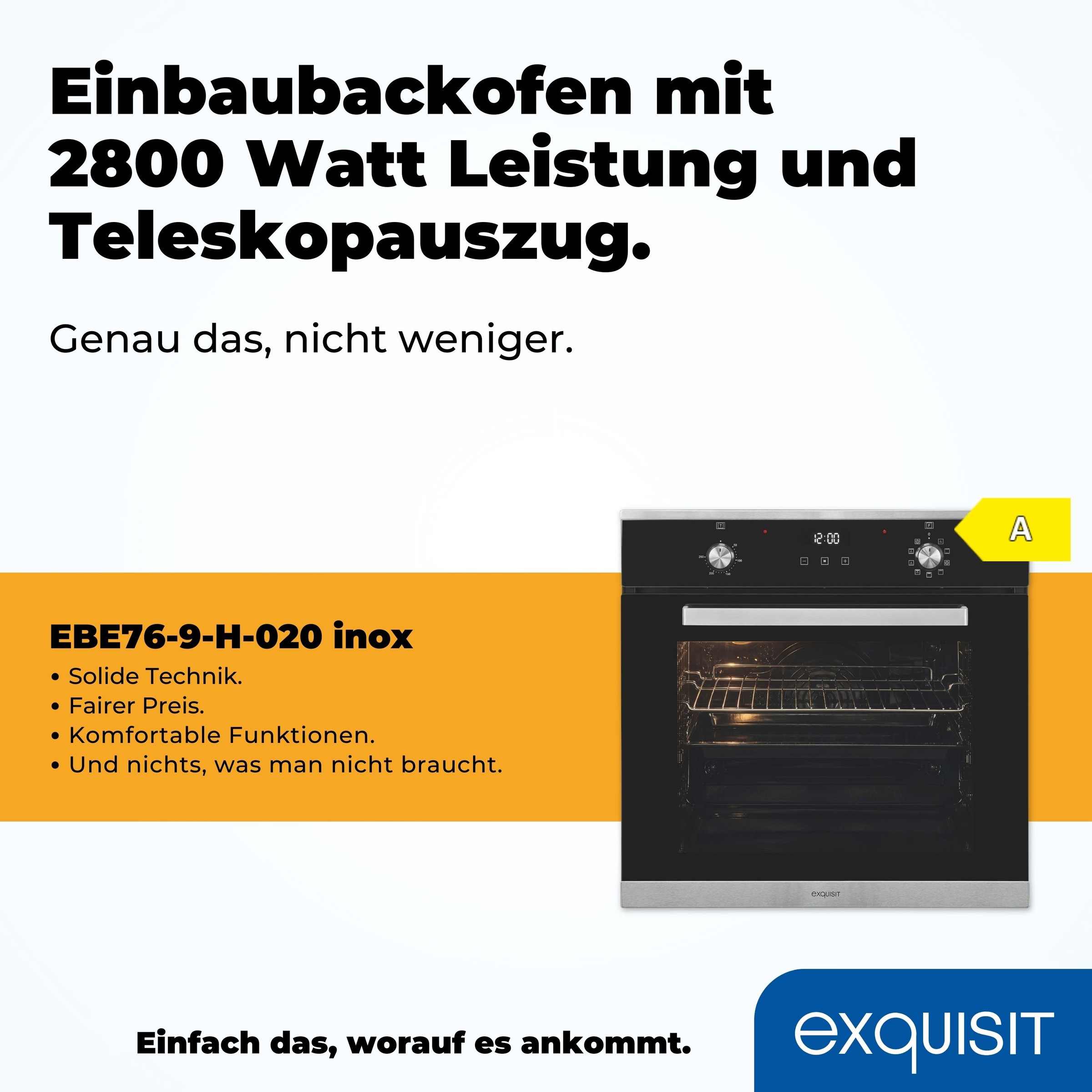 exquisit Backofen  »EBE76-9-H-020 inox«, mit 1-fach-Teleskopauszug