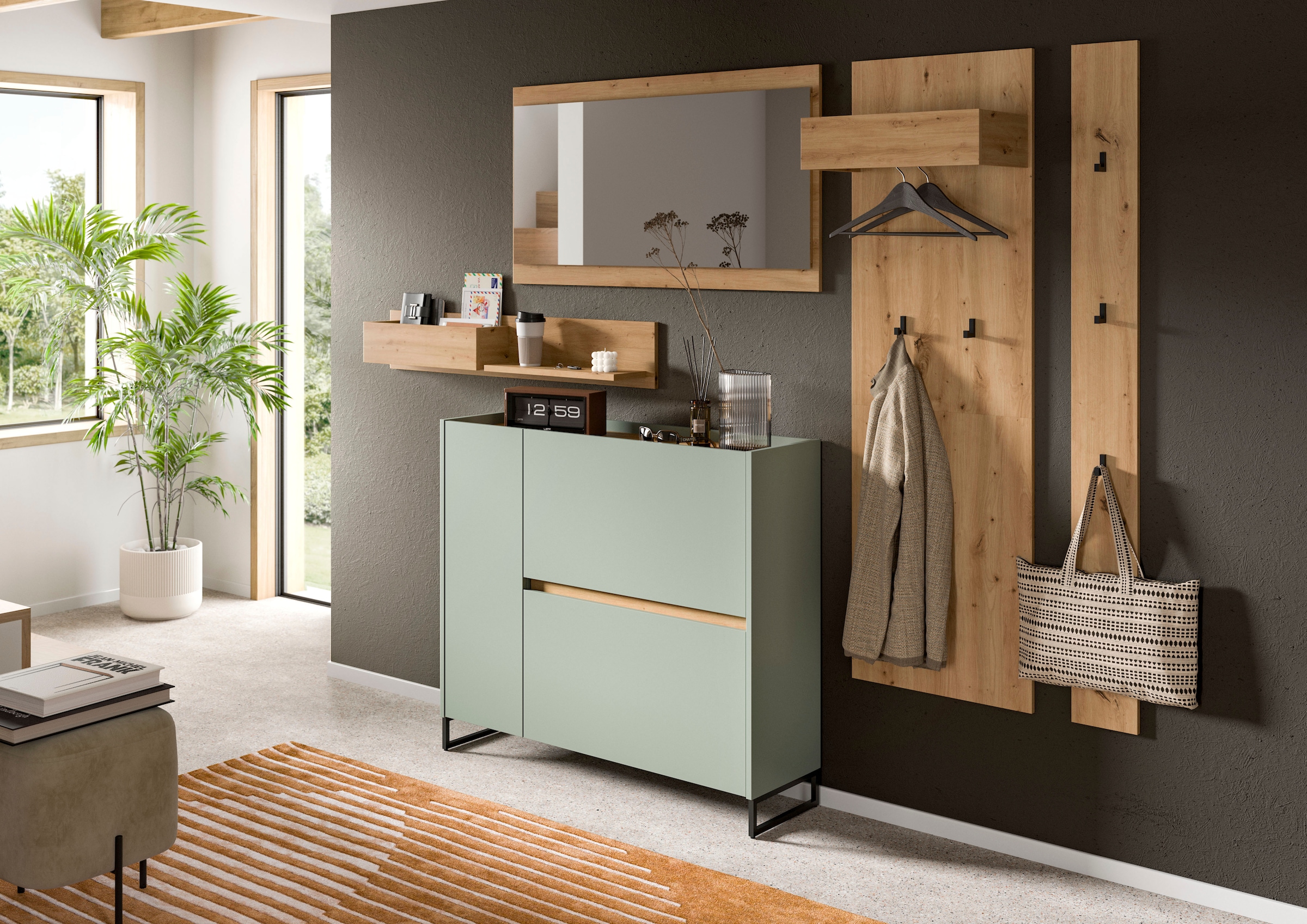 INOSIGN Garderoben-Set »EVRID, 5-teilig, Breite 236 cm, individuell stellbar & erweiterbar« best. aus: Wandboard, Kommode, Spiegel, Garderobenpaneel, Hakenleiste, 5 Stk. tlg.