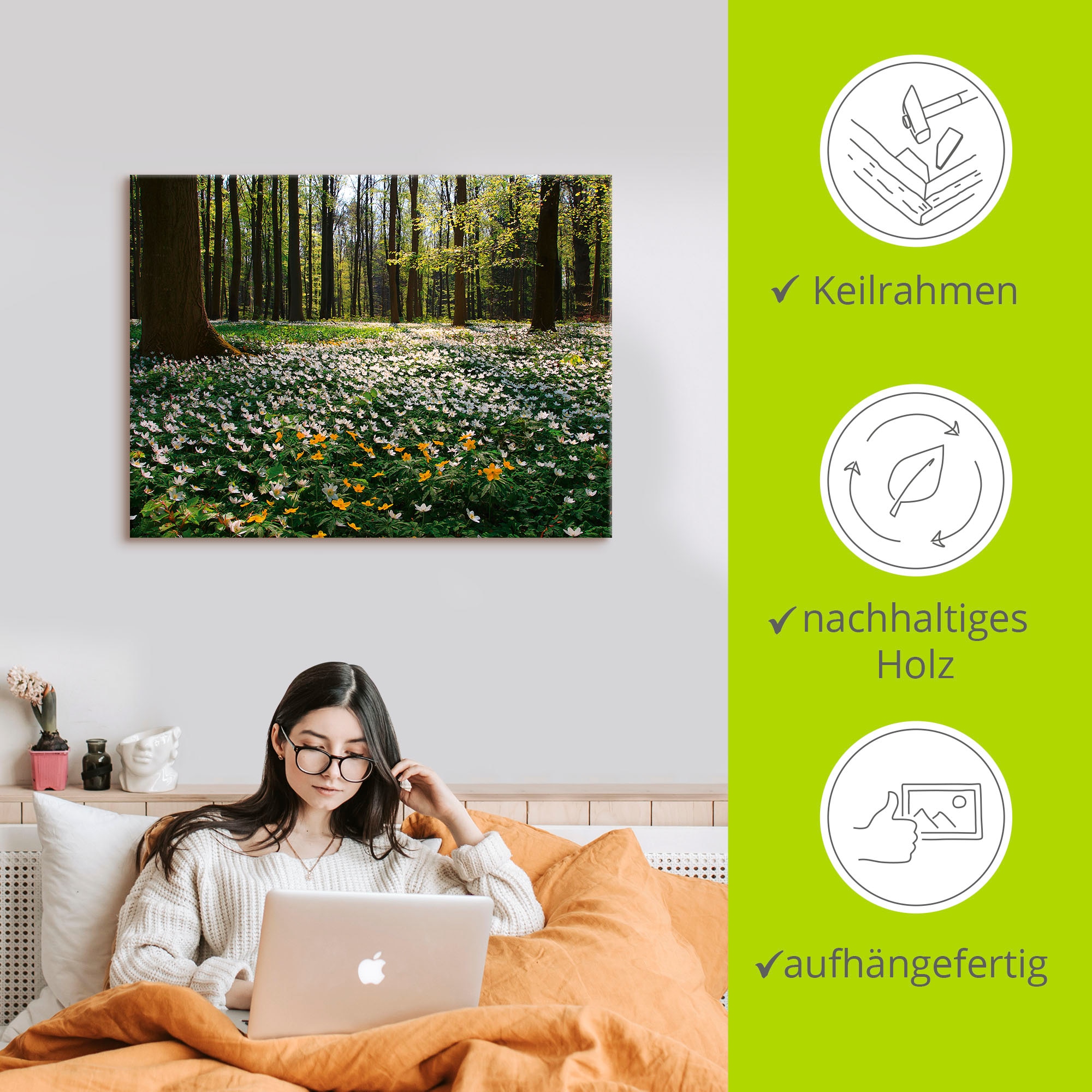 Artland Wandbild »Frühlingswald bedeckt mit Windröschen«, Wald, (1 St.), als Leinwandbild, Poster in verschied. Größen