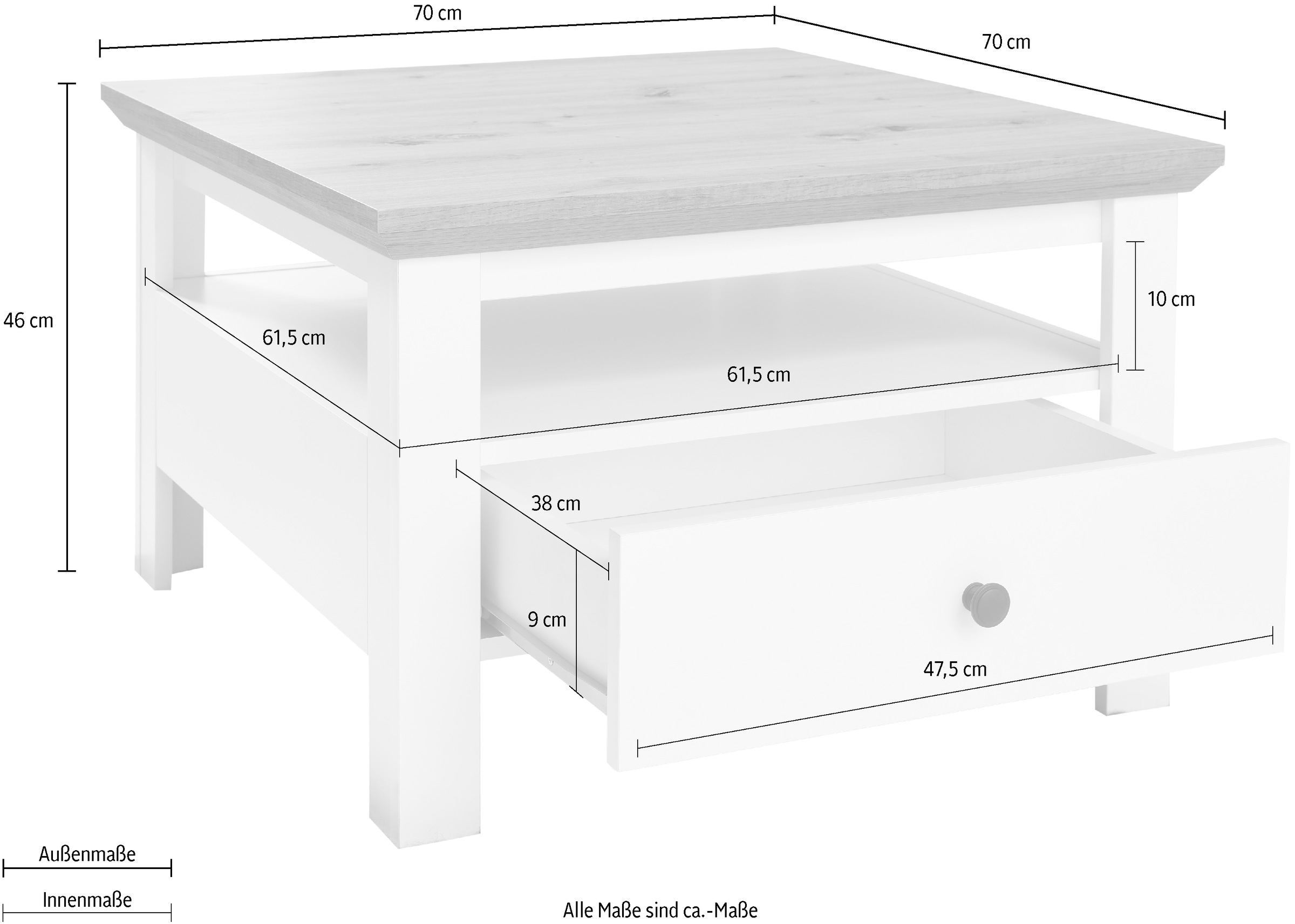 INOSIGN Couchtisch »Ulm«, Wohnzimmertisch in Weiß/Eiche mit abgeschrägtem Oberboden - 70/70 cm
