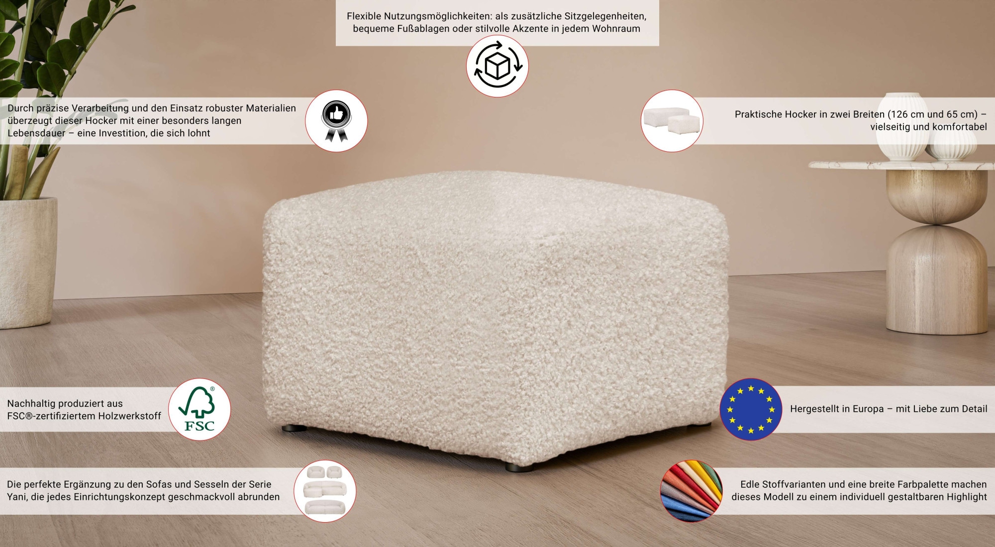 LeGer Home by Lena Gercke Polsterhocker »YANI Sitzhocker mit Wellenunterfederung, Maße B/T/H: 65/65/46 cm« kleiner Hocker passend zur Serie Yani, in hochwertiger Verarbeitung