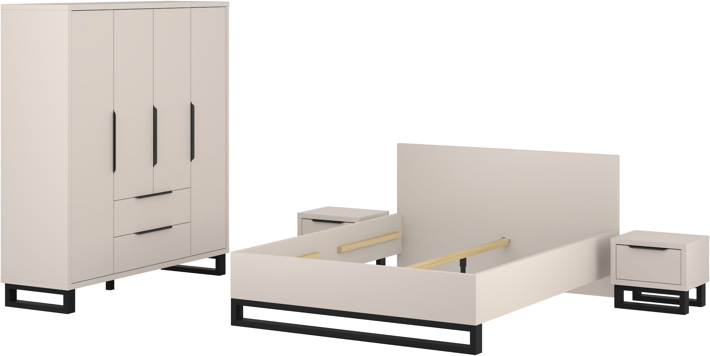 Home affaire Schlafzimmer-Set »Bronne,Komplettschlafzimmer (Set,4-St)« 4 tlg. Schlafzimmer-Set,Schrank 4Trg 2xNako, Bett180/200, Kufen Metalloptik