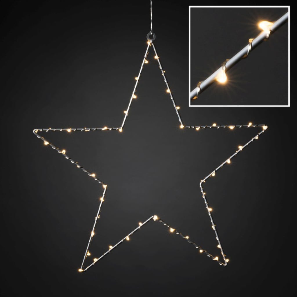 KONSTSMIDE LED Stern »Metallstern«, 1 St., bernsteinfarben, silberfarben lackiert, 5 Zacken, mit 6h Timer, 50 bernsteinfarbene Dioden