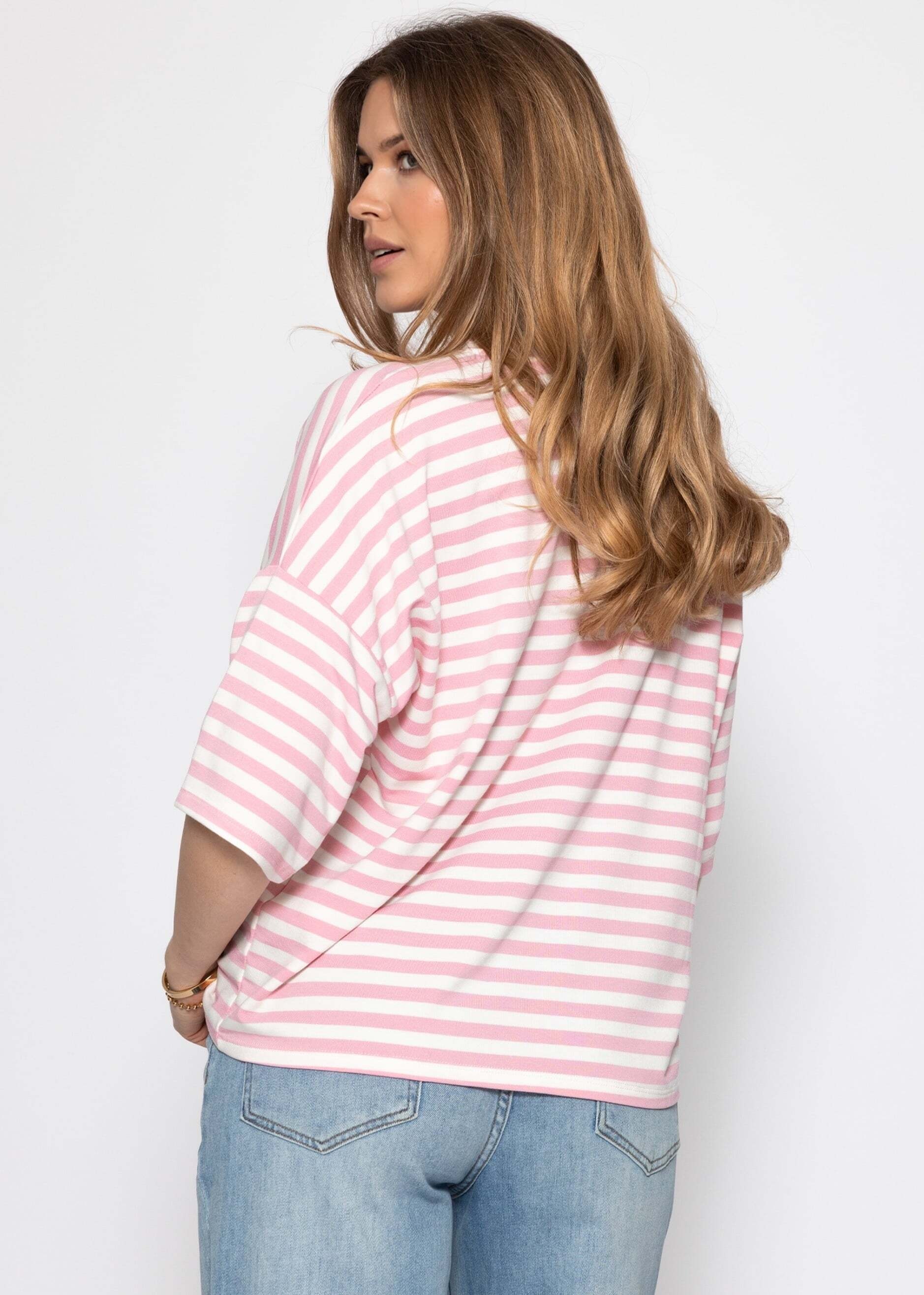 SASSYCLASSY Oversize-Shirt »Oversize T-Shirt mit Streifen« Lässiges Shirt mit Rundhalsausschnitt und weiten Ärmeln Rosa Weiß