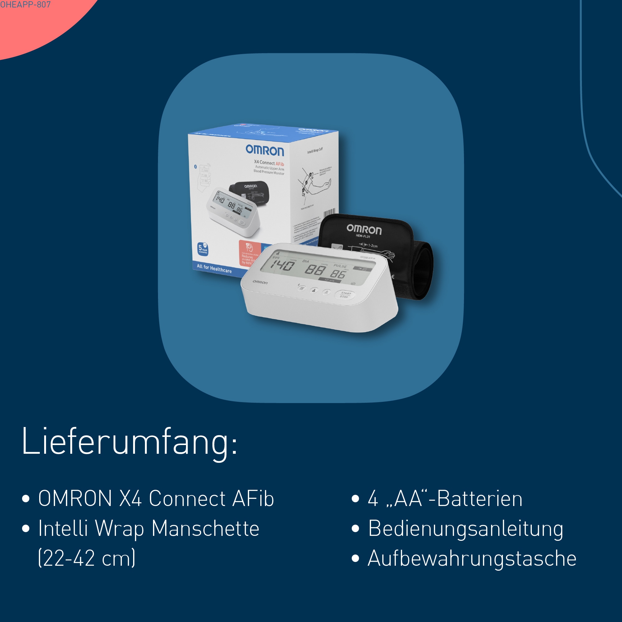 Omron Oberarm-Blutdruckmessgerät »X4 Connect AFib, mit AFib Screening bei jeder Messung und Gratis App« 2 Nutzer, mit Intelli Wrap Manschette (22-42cm), klinisch validiert