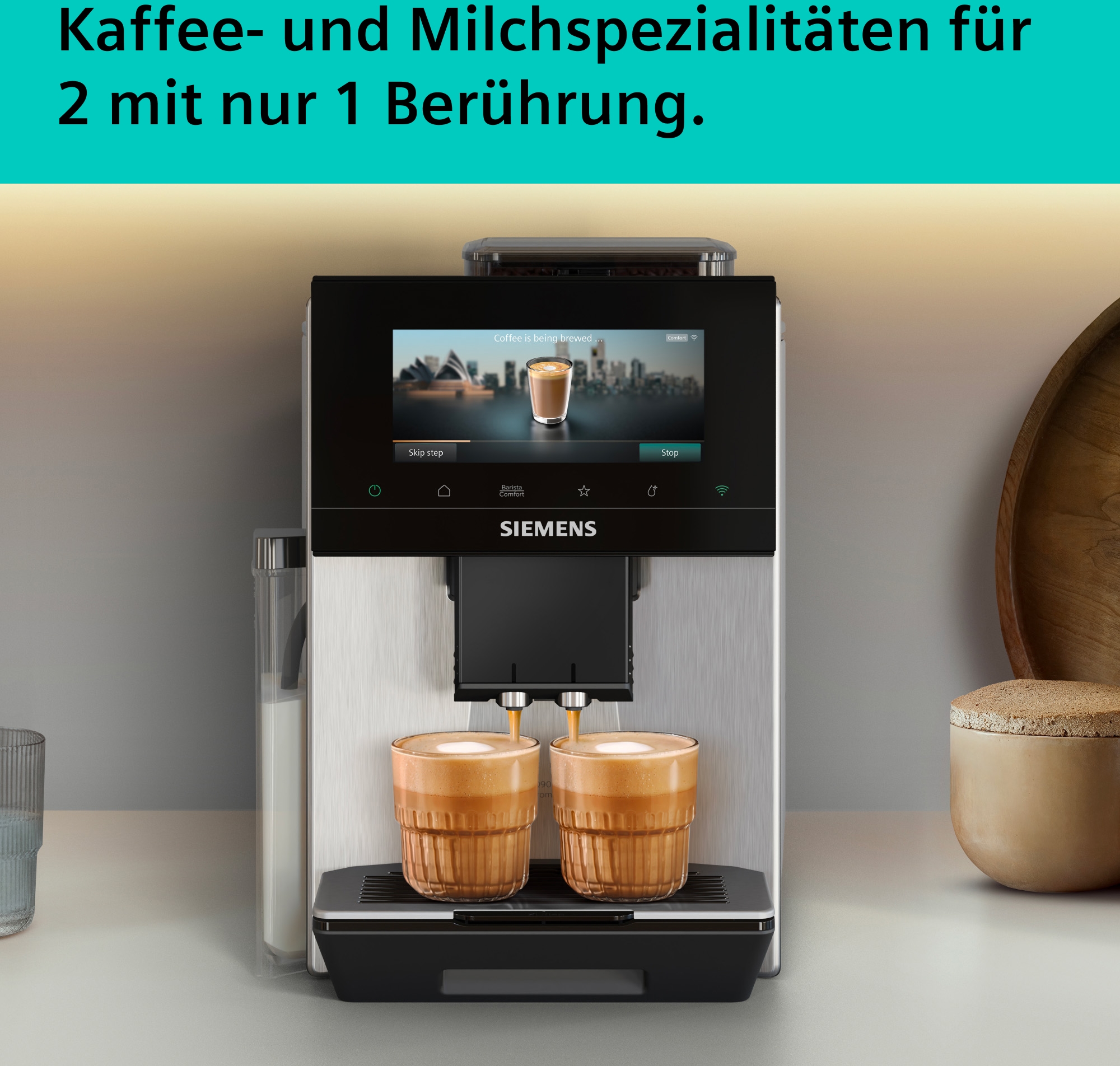 SIEMENS Kaffeevollautomat »EQ900 TQ923E03, 41 versch. Getränke, XL-Getränke, Doppeltassenfunktion« farbiges 6.8'' TFT-Display, individuelle Aromaeinstellung, Edelstahl