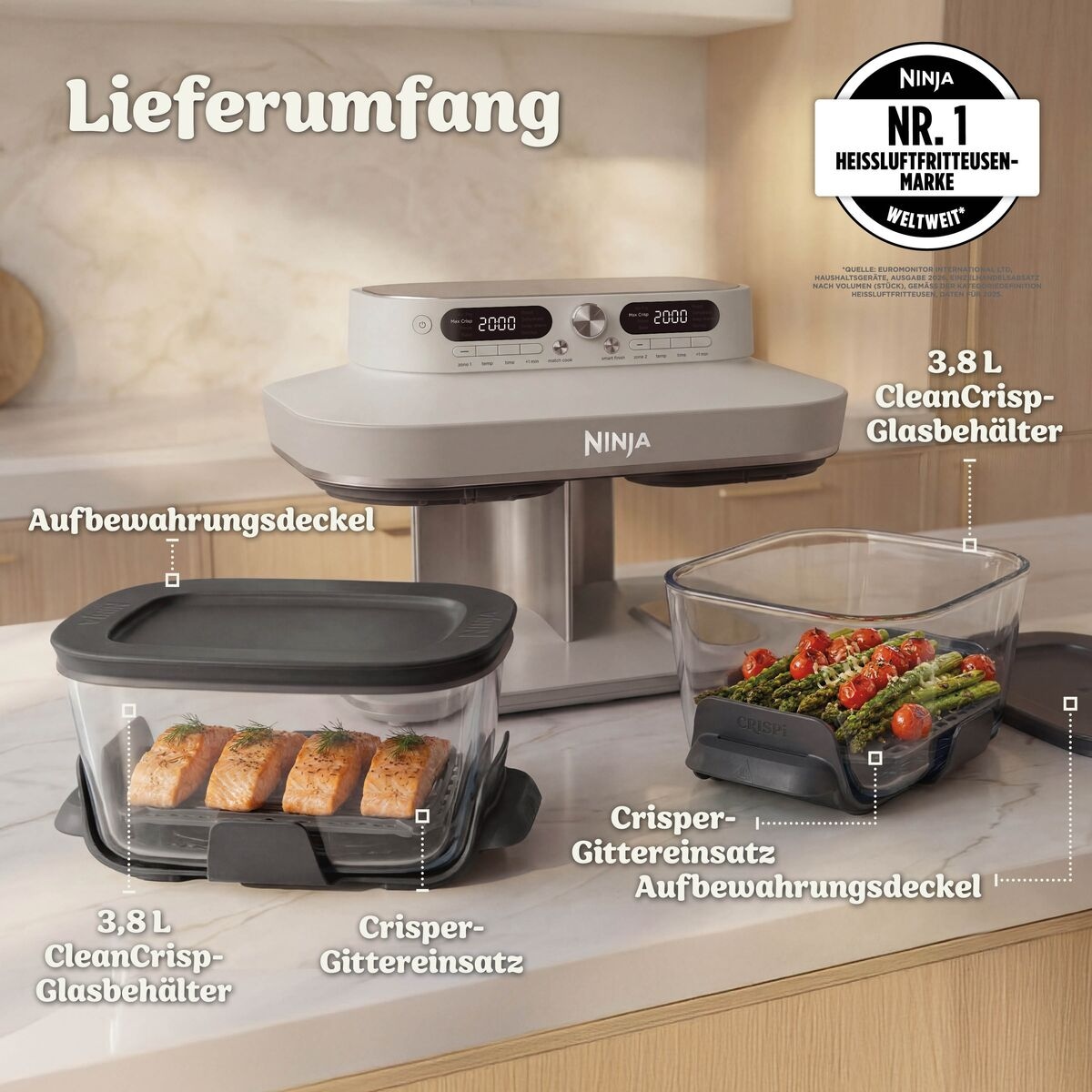 NINJA Heißluftfritteuse »DD102EUIV2 Ninja CRISPi DualZone Glas-Air-Fryer mit 8 Funktionen« 2860 W